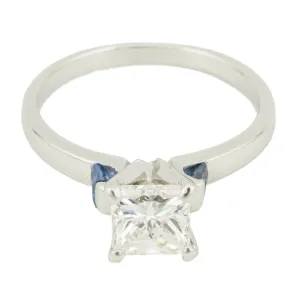 0.50cwt Princess Cut Diamond I/I1 & Sapphire Accented Engagement Ring in Platinum - Size 6.5