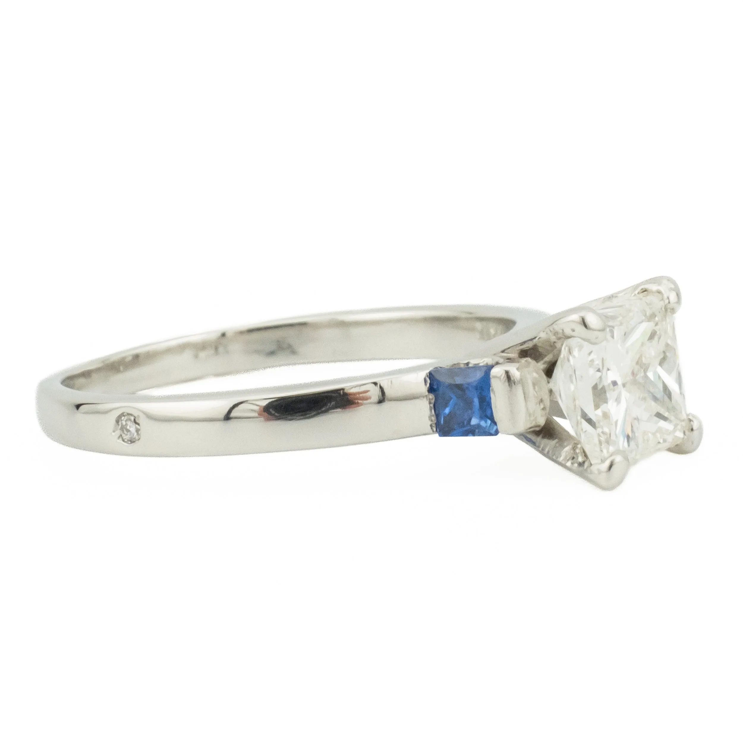 0.50cwt Princess Cut Diamond I/I1 & Sapphire Accented Engagement Ring in Platinum - Size 6.5