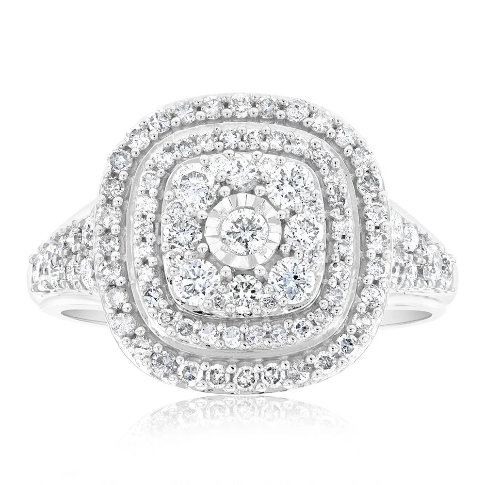 0.95 Carat Diamond Cluster Cushion Ring in 10ct White Gold