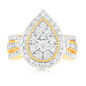 1 Carat Diamond Cluster Ring with 69 Round Brilliant Diamonds in 9ct Yellow Gold