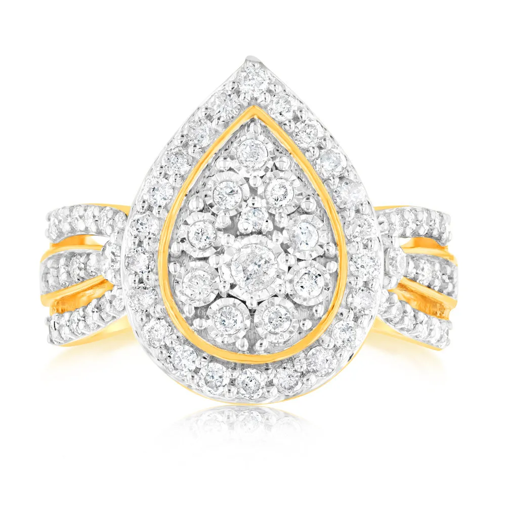1 Carat Diamond Cluster Ring with 69 Round Brilliant Diamonds in 9ct Yellow Gold