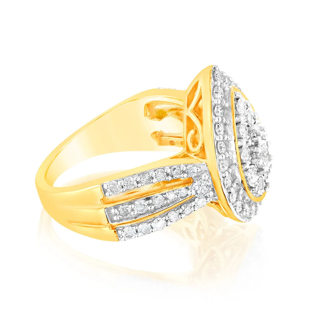 1 Carat Diamond Cluster Ring with 69 Round Brilliant Diamonds in 9ct Yellow Gold