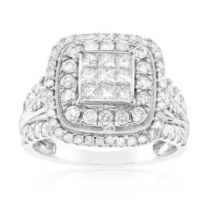 1.40 Carat Diamond Cushion Cluster Ring in 14ct White Gold