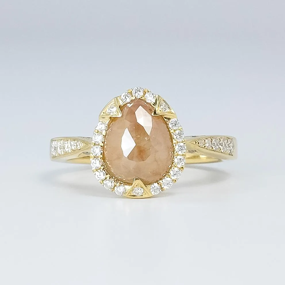 14K Yellow Gold 1.40ct Pear Shape Rose-Cut Amber Diamond Halo Statement Ring