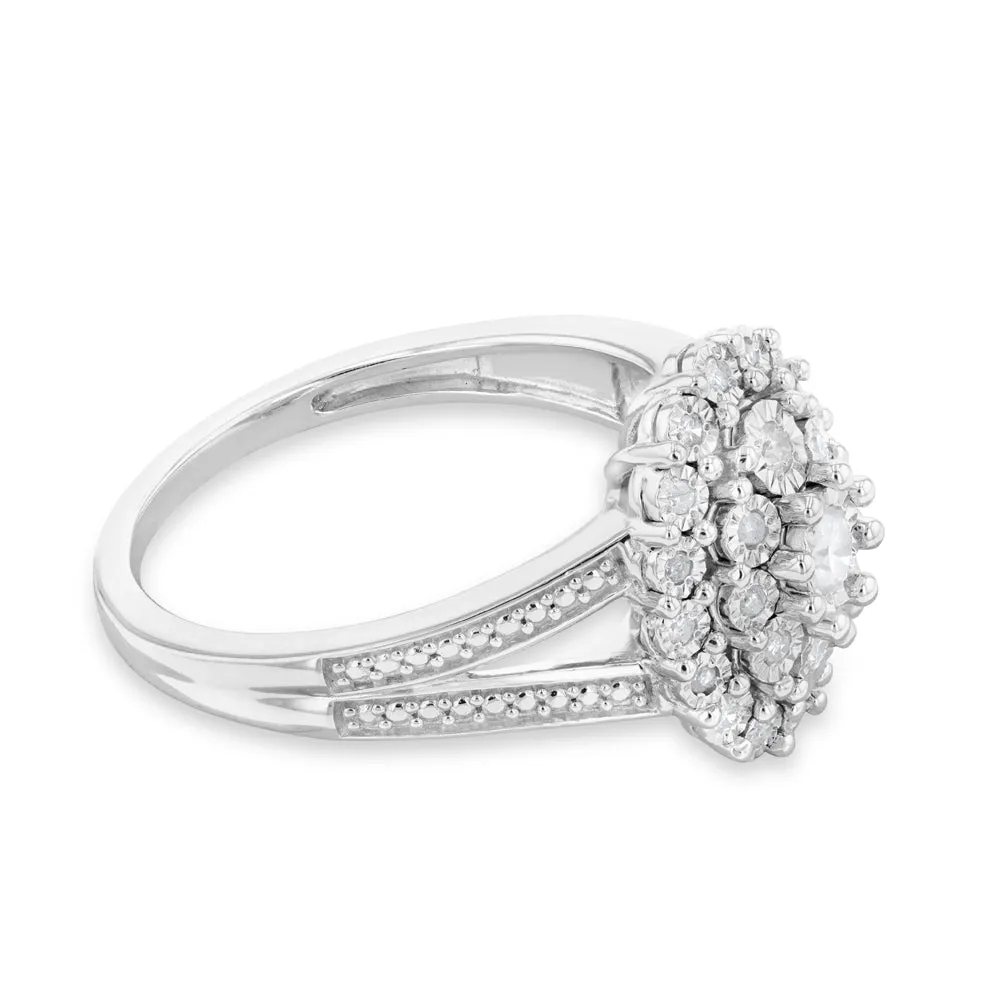 1/5 Carat Diamond Oval Cluster Ring with 27 Brilliant Diamonds in Sterling Silver