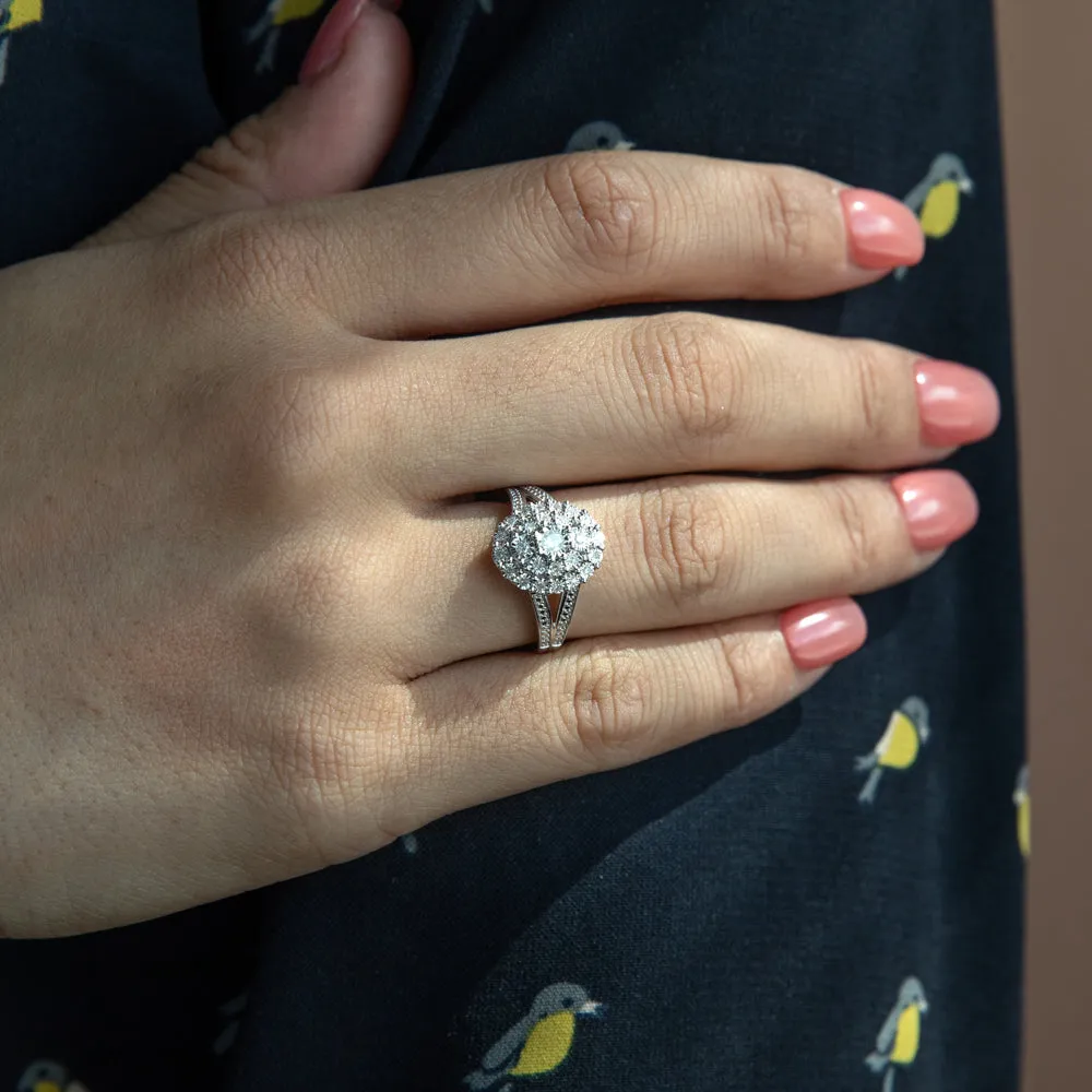 1/5 Carat Diamond Oval Cluster Ring with 27 Brilliant Diamonds in Sterling Silver