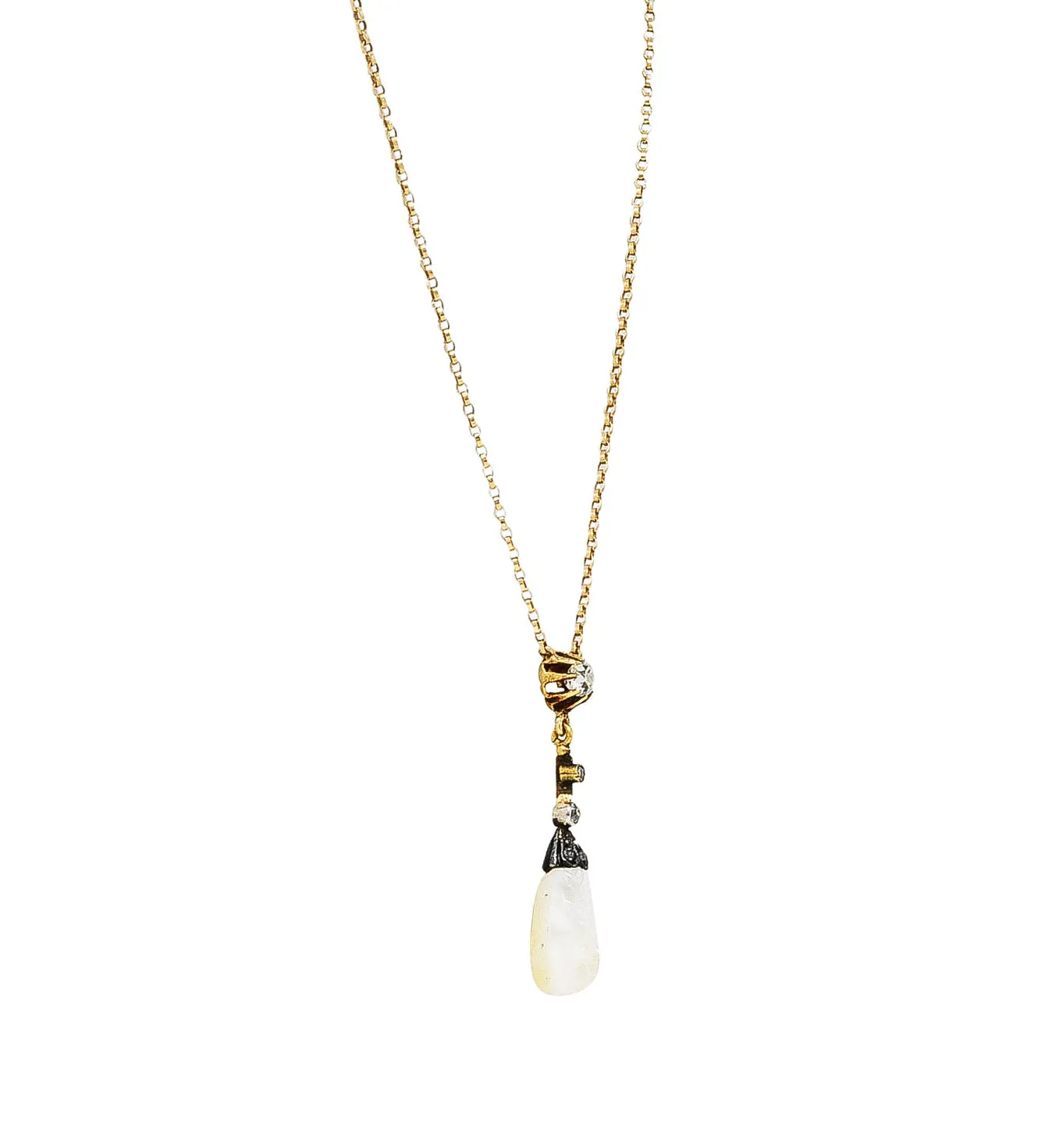 1880's Victorian Baroque Pearl 0.25 CTW Diamond Silver 14 Karat Yellow Gold Drop Necklace