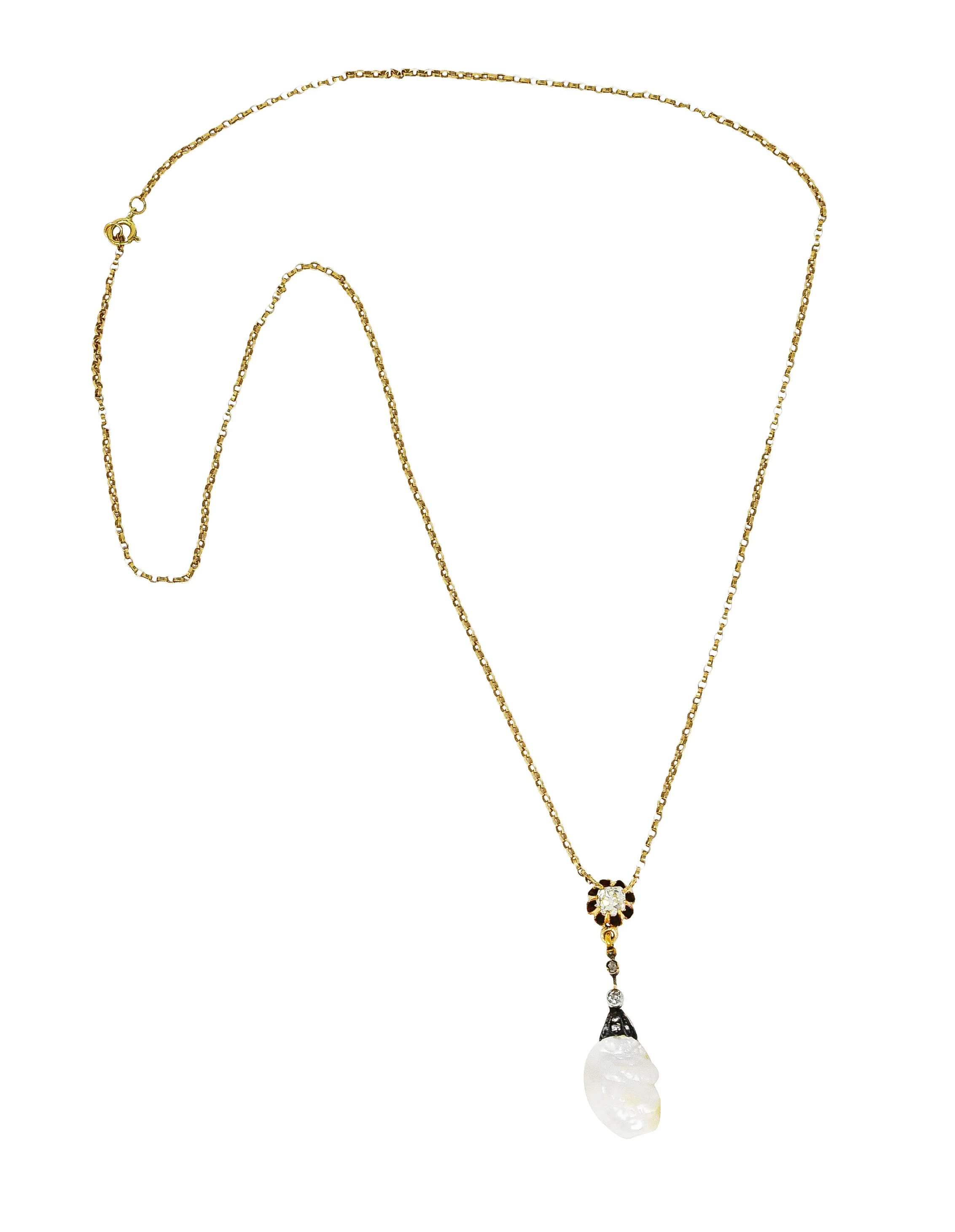 1880's Victorian Baroque Pearl 0.25 CTW Diamond Silver 14 Karat Yellow Gold Drop Necklace