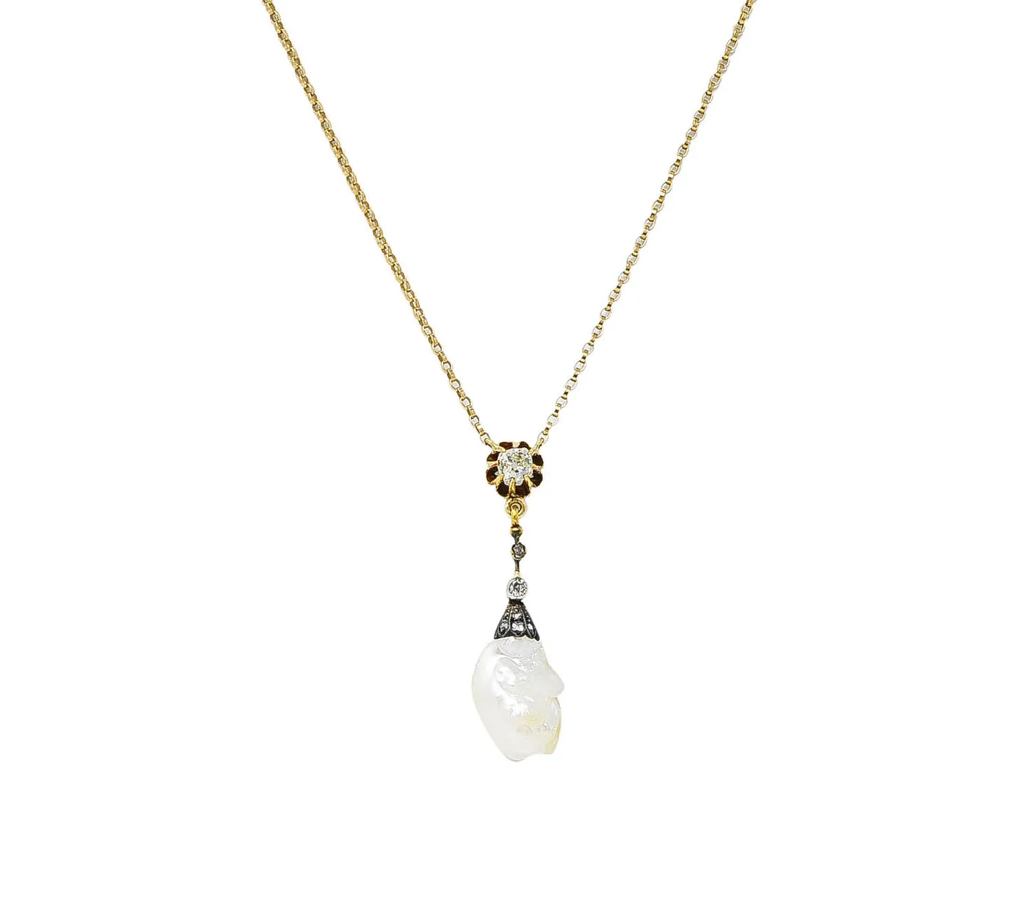 1880's Victorian Baroque Pearl 0.25 CTW Diamond Silver 14 Karat Yellow Gold Drop Necklace