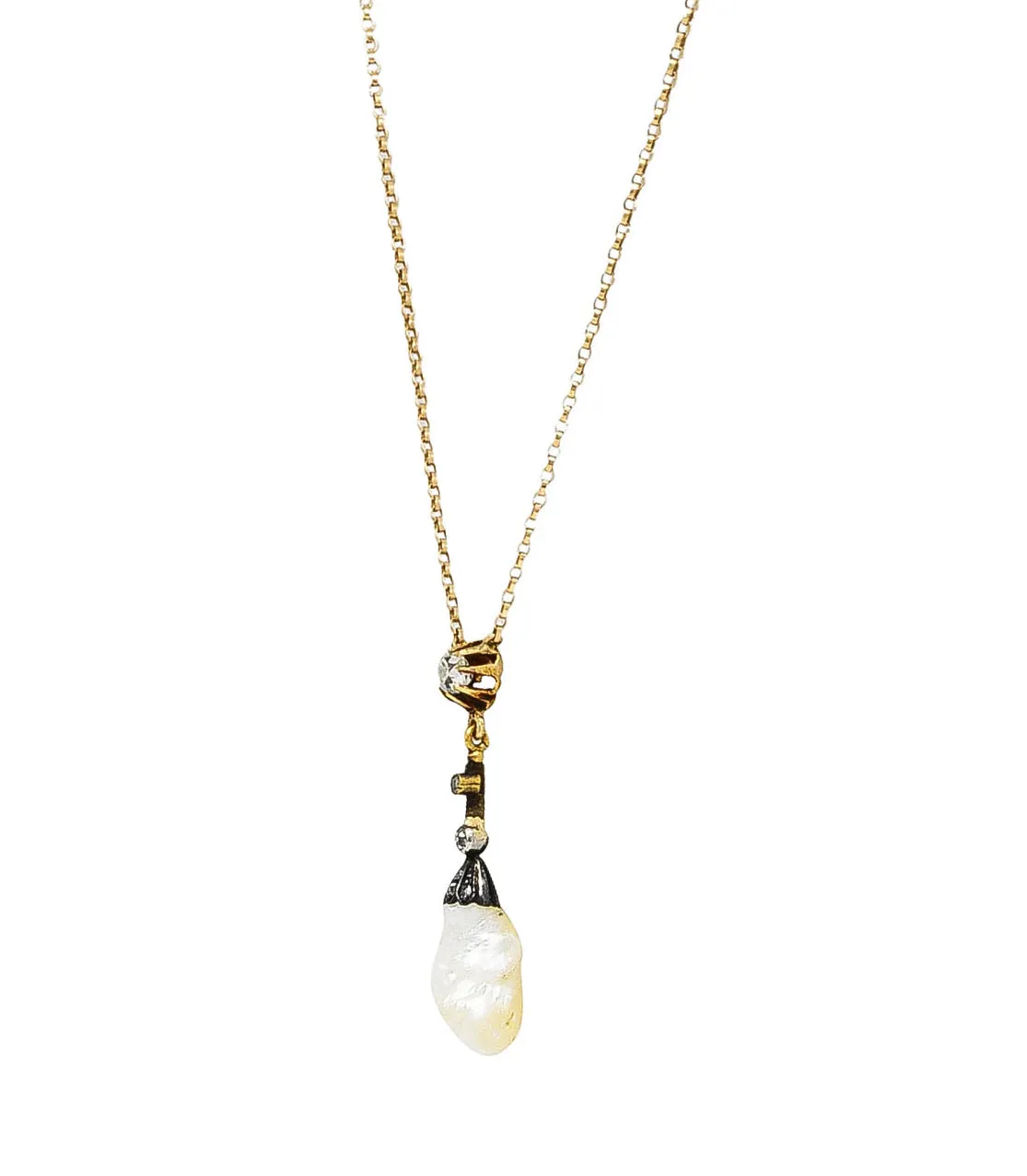 1880's Victorian Baroque Pearl 0.25 CTW Diamond Silver 14 Karat Yellow Gold Drop Necklace