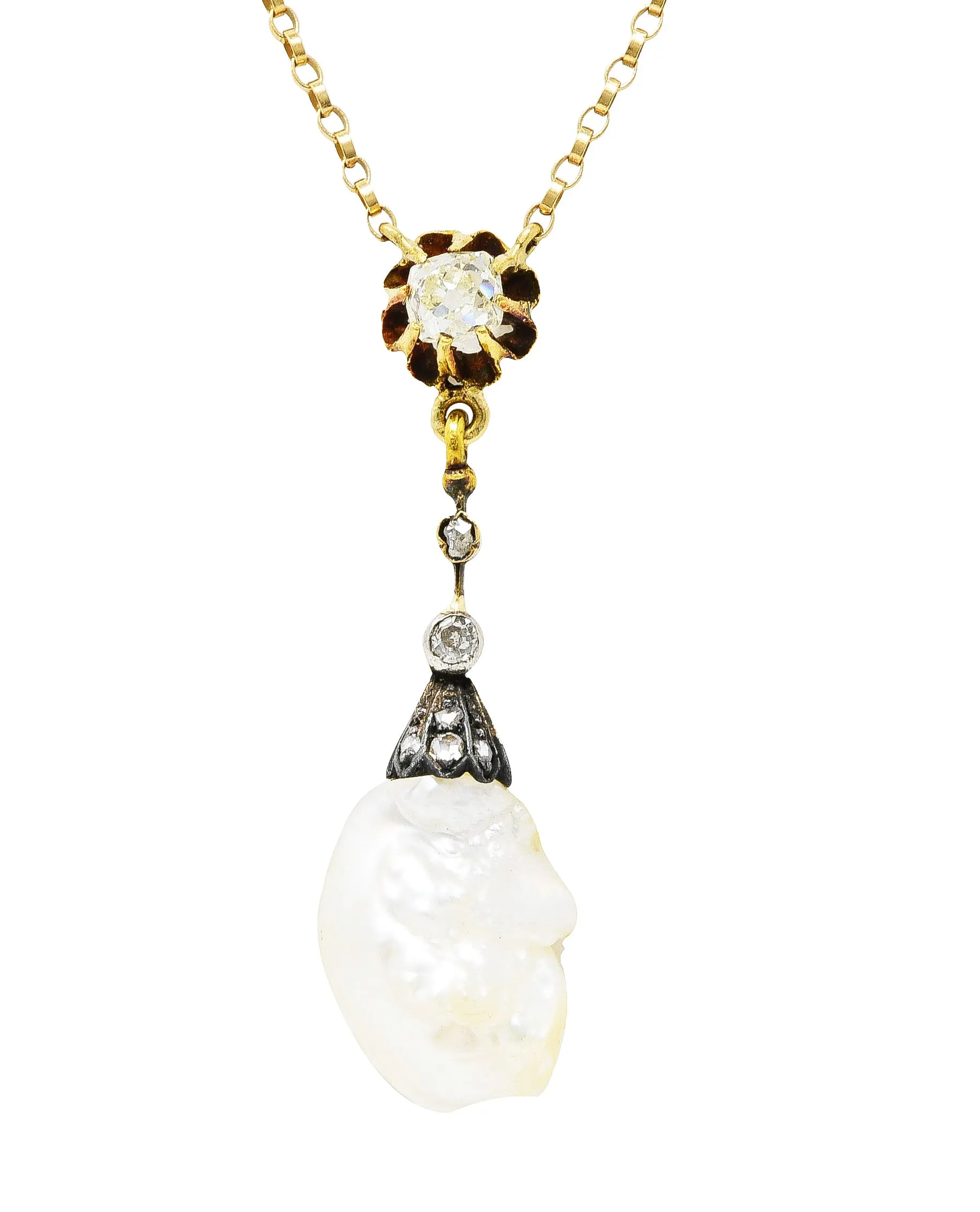 1880's Victorian Baroque Pearl 0.25 CTW Diamond Silver 14 Karat Yellow Gold Drop Necklace