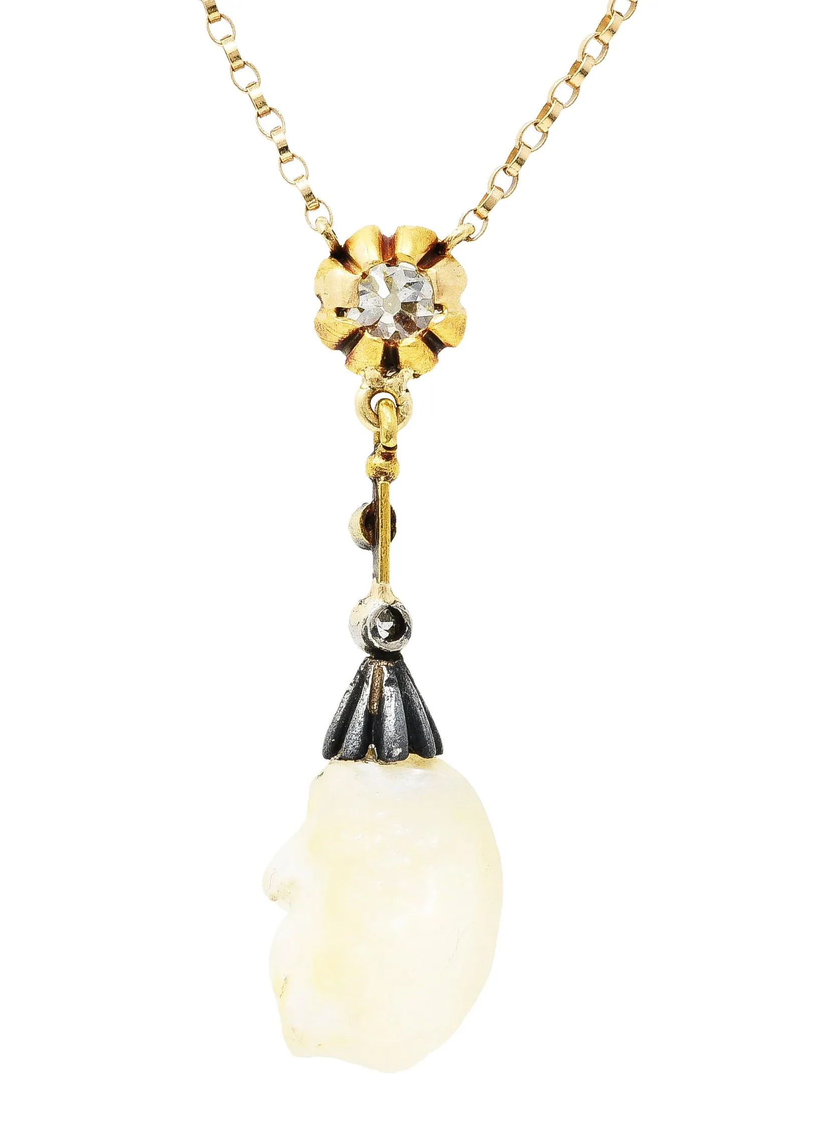 1880's Victorian Baroque Pearl 0.25 CTW Diamond Silver 14 Karat Yellow Gold Drop Necklace