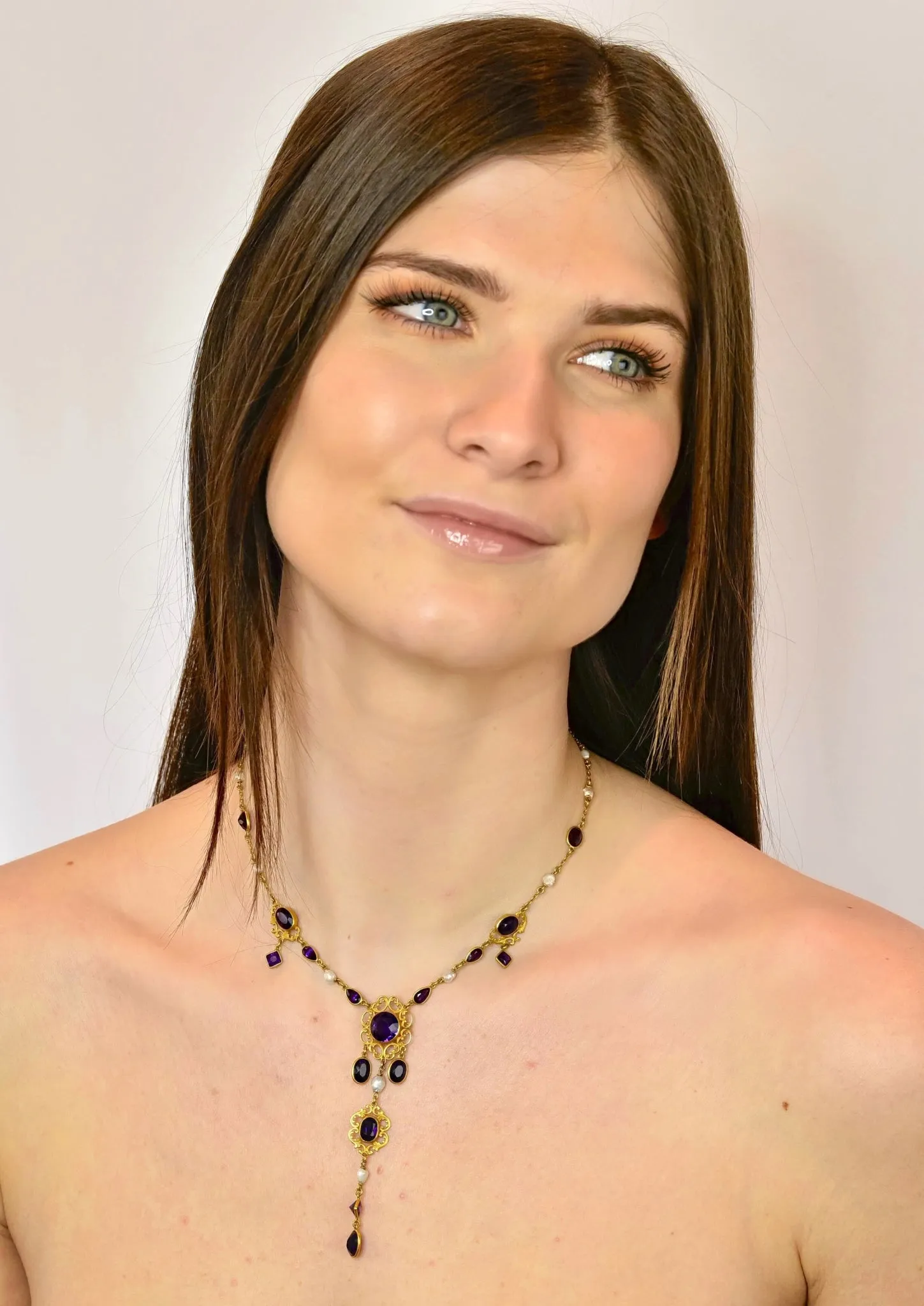 1890 Victorian Amethyst Pearl 14 Karat Gold Drop Necklace