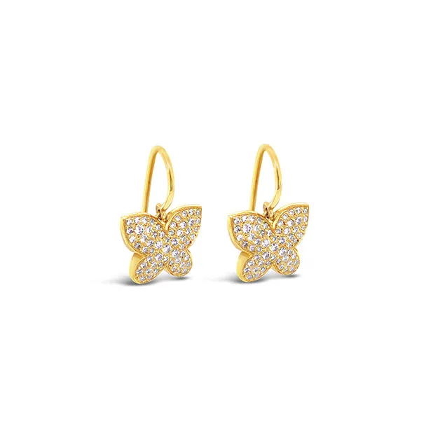 18CT YELLOW GOLD DIAMOND BUTTERFLY DROP EARRINGS