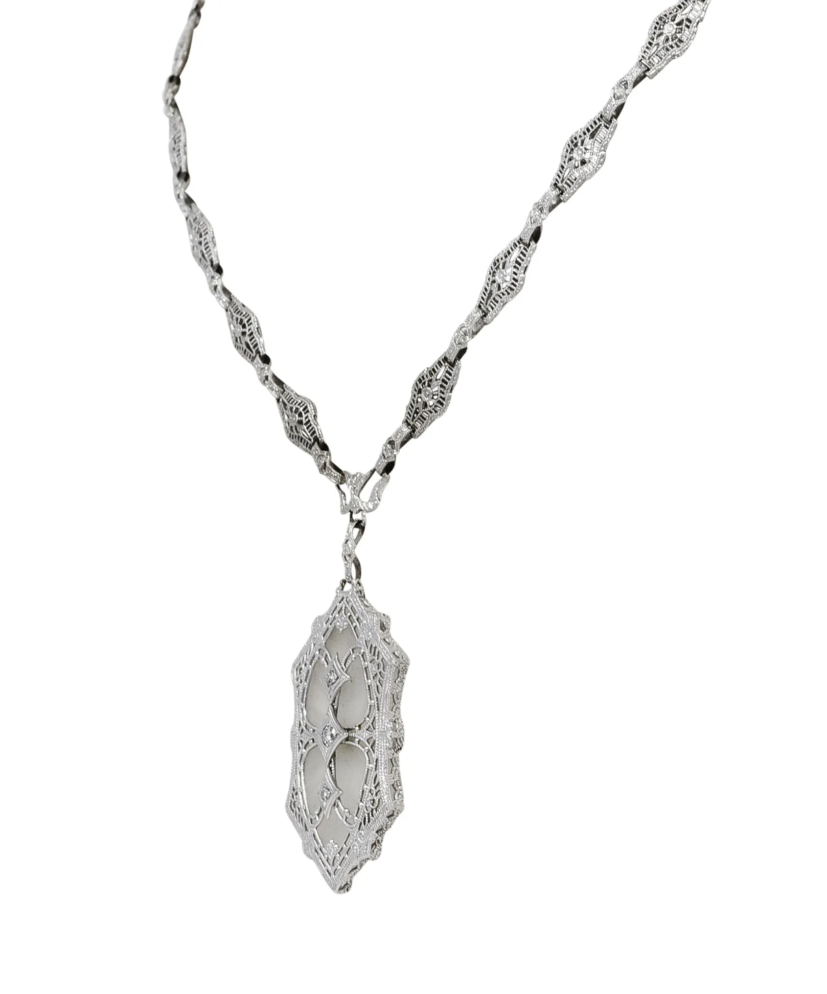 1920's Art Deco Camphor Glass Diamond 14 Karat White Gold Drop Necklace