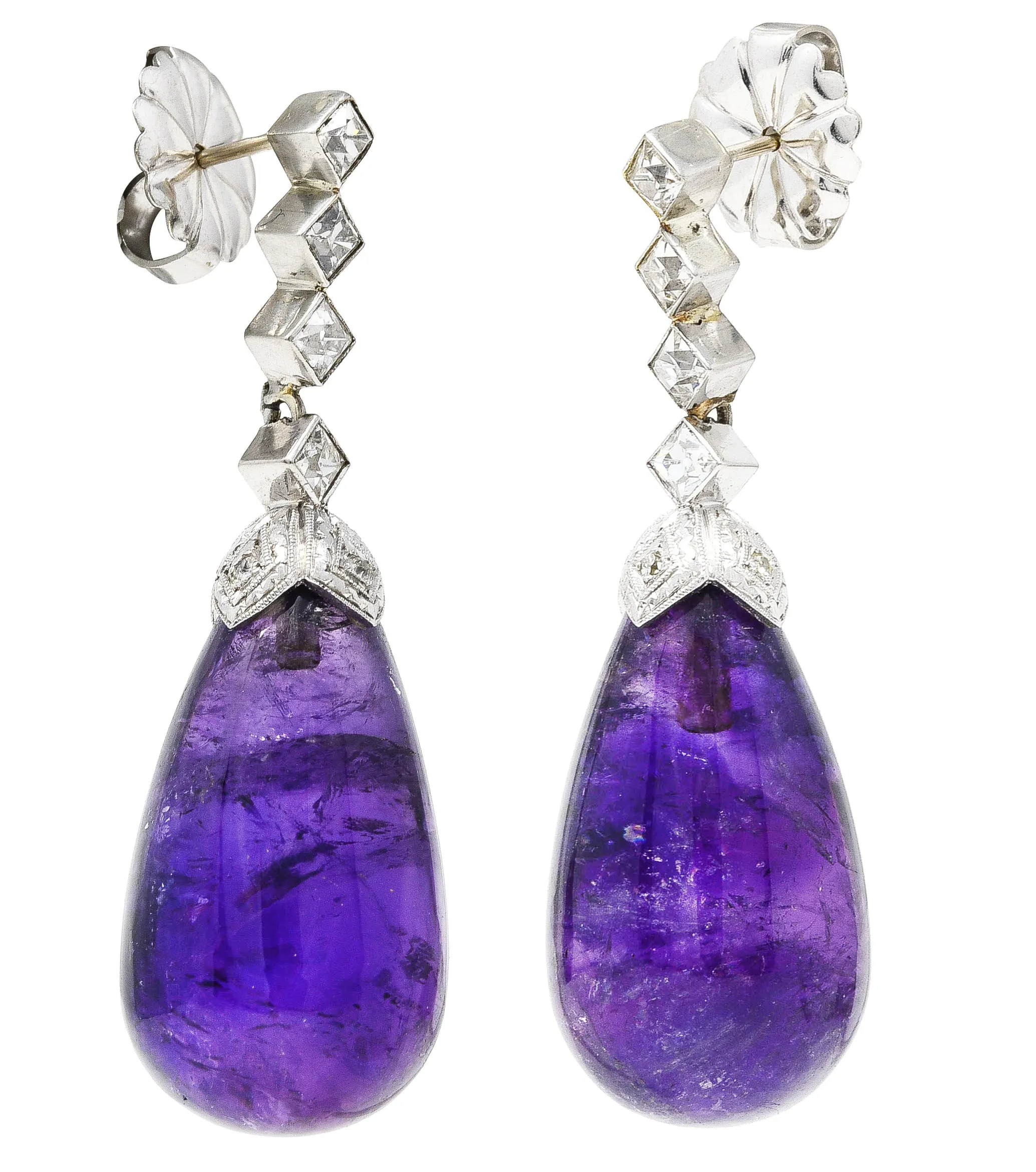 1930's Art Deco Amethyst Diamond Platinum Drop Earrings