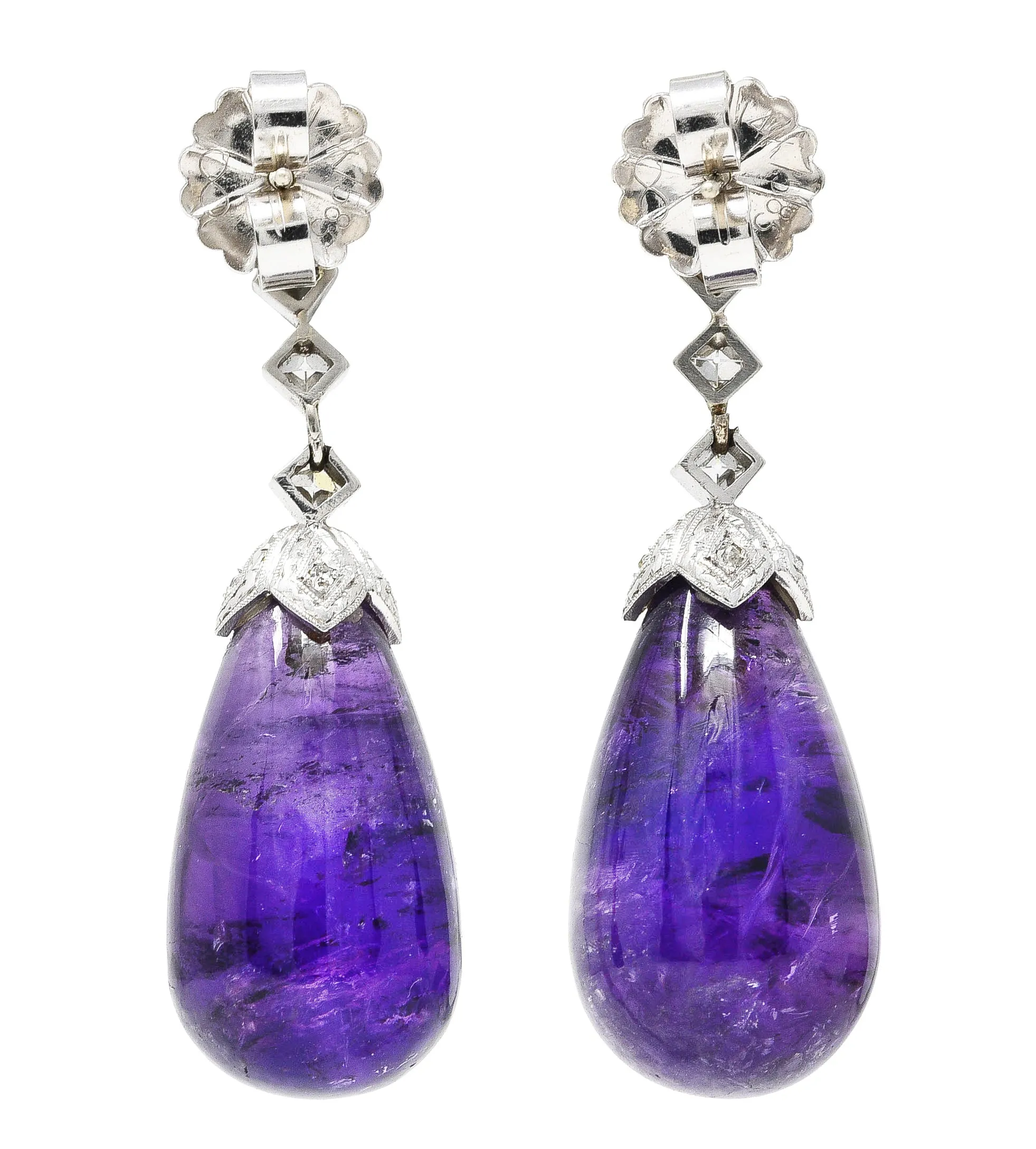 1930's Art Deco Amethyst Diamond Platinum Drop Earrings