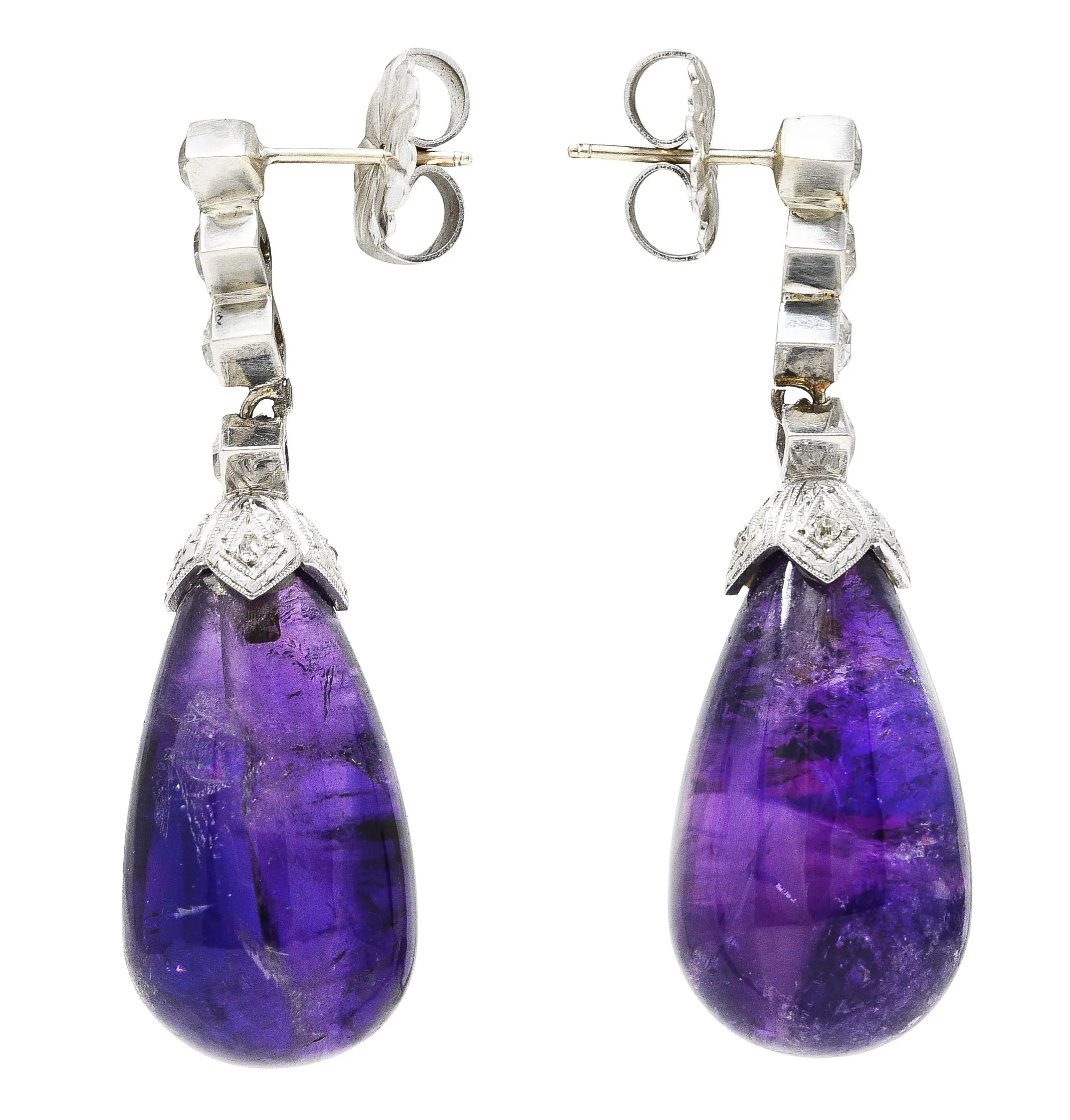 1930's Art Deco Amethyst Diamond Platinum Drop Earrings