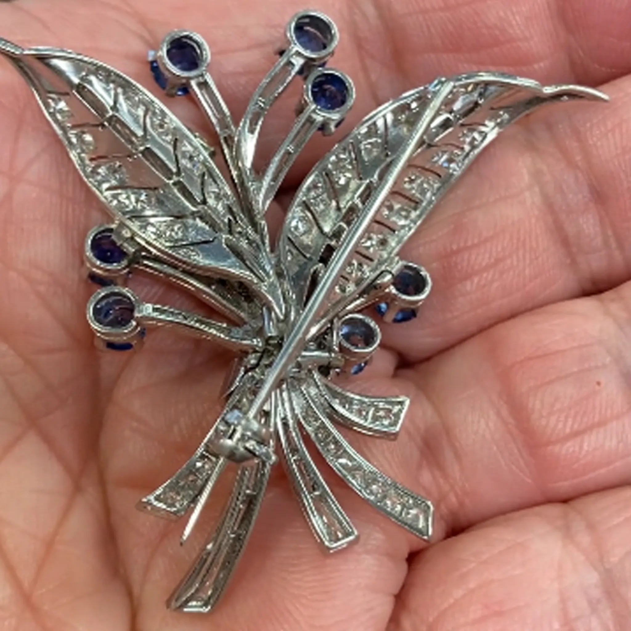1980s Platinum Diamond & Sapphire Brooch