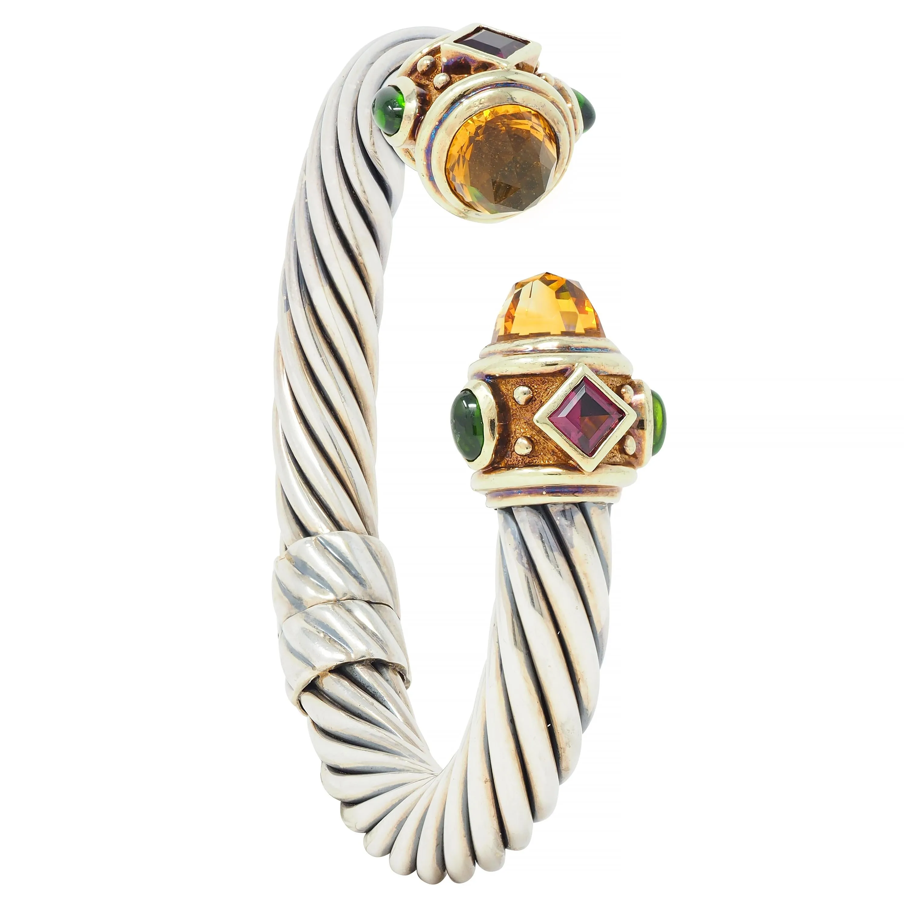 1990's David Yurman Tourmaline Citrine 14 Karat Yellow Gold Sterling Silver Vintage Renaissance Cuff Bracelet
