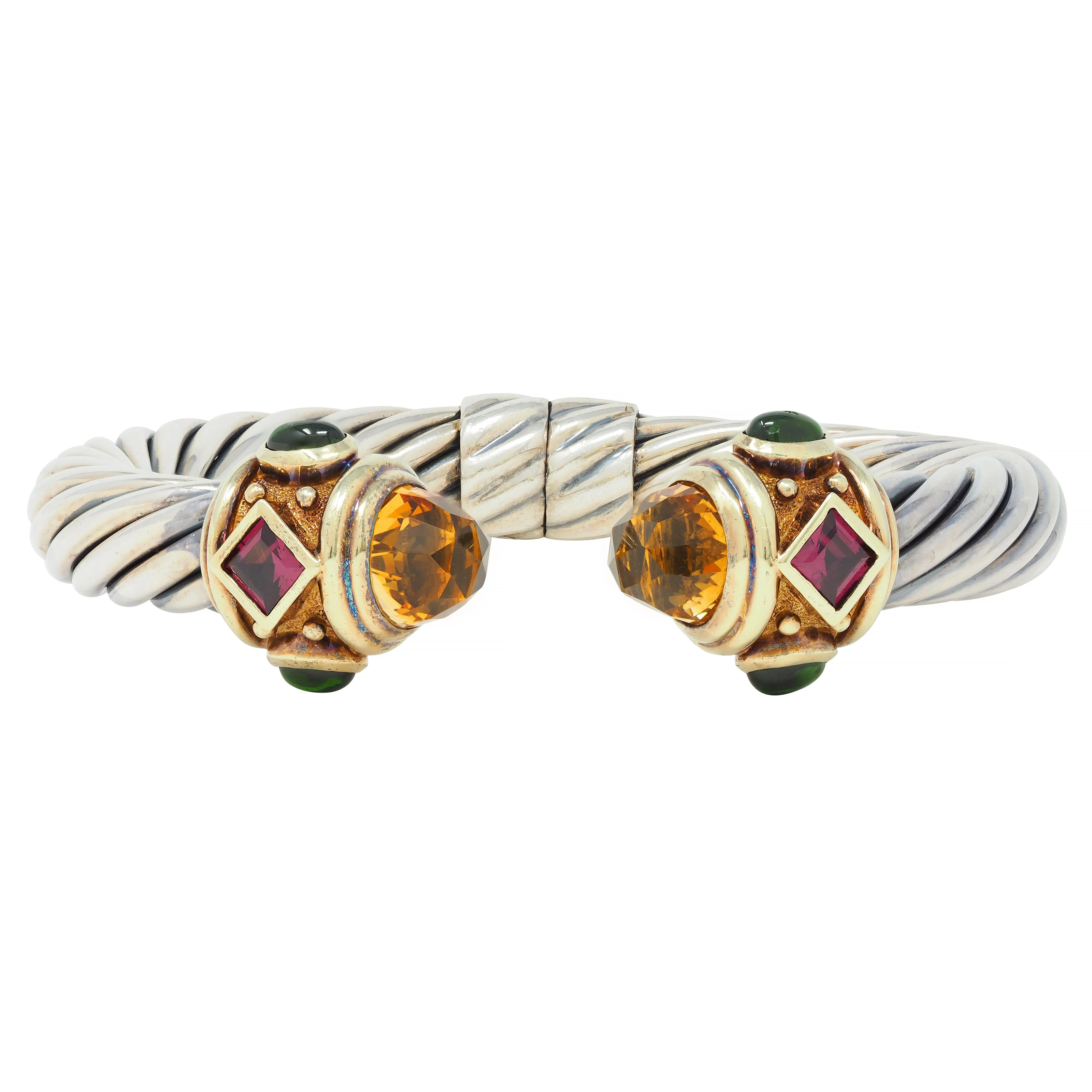 1990's David Yurman Tourmaline Citrine 14 Karat Yellow Gold Sterling Silver Vintage Renaissance Cuff Bracelet