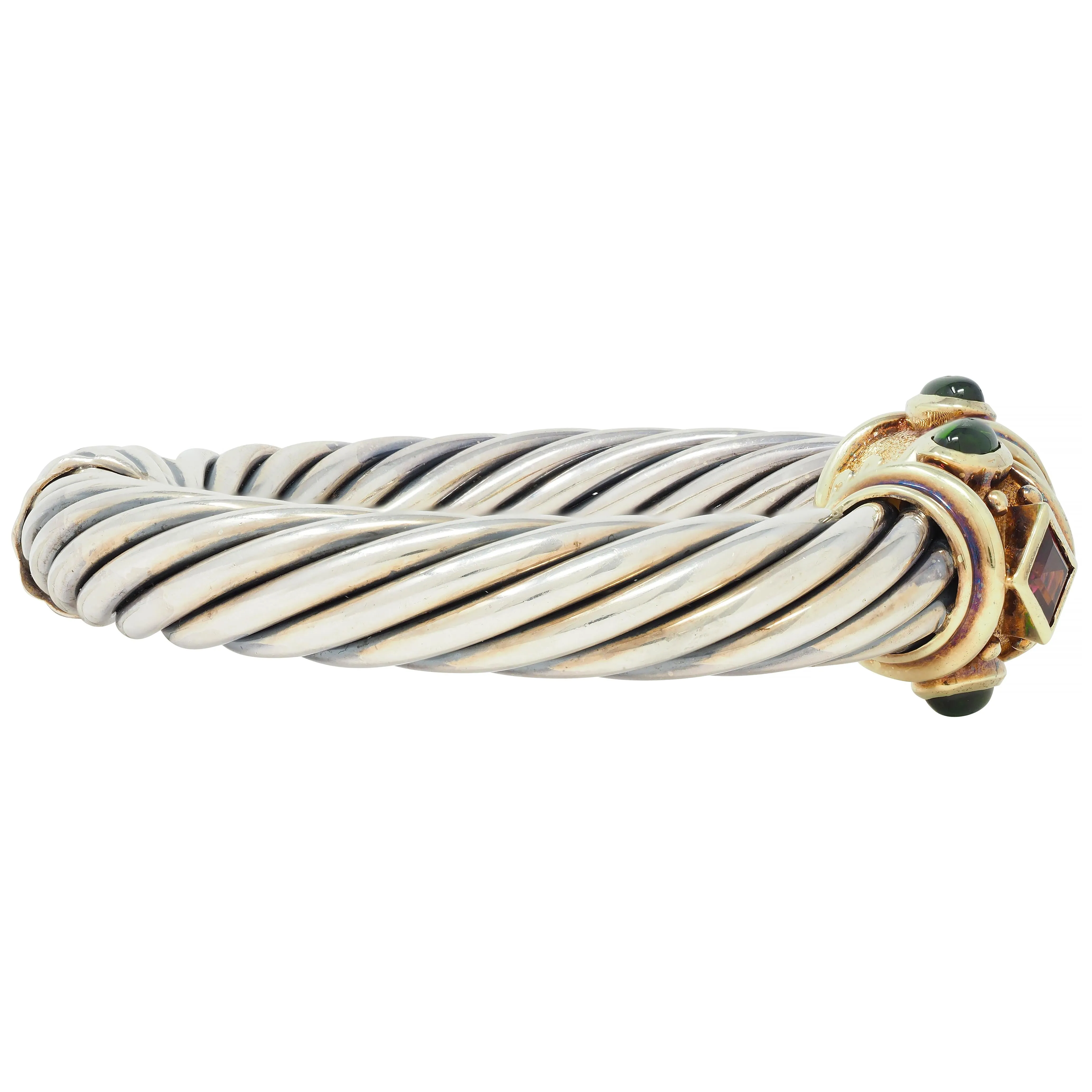 1990's David Yurman Tourmaline Citrine 14 Karat Yellow Gold Sterling Silver Vintage Renaissance Cuff Bracelet