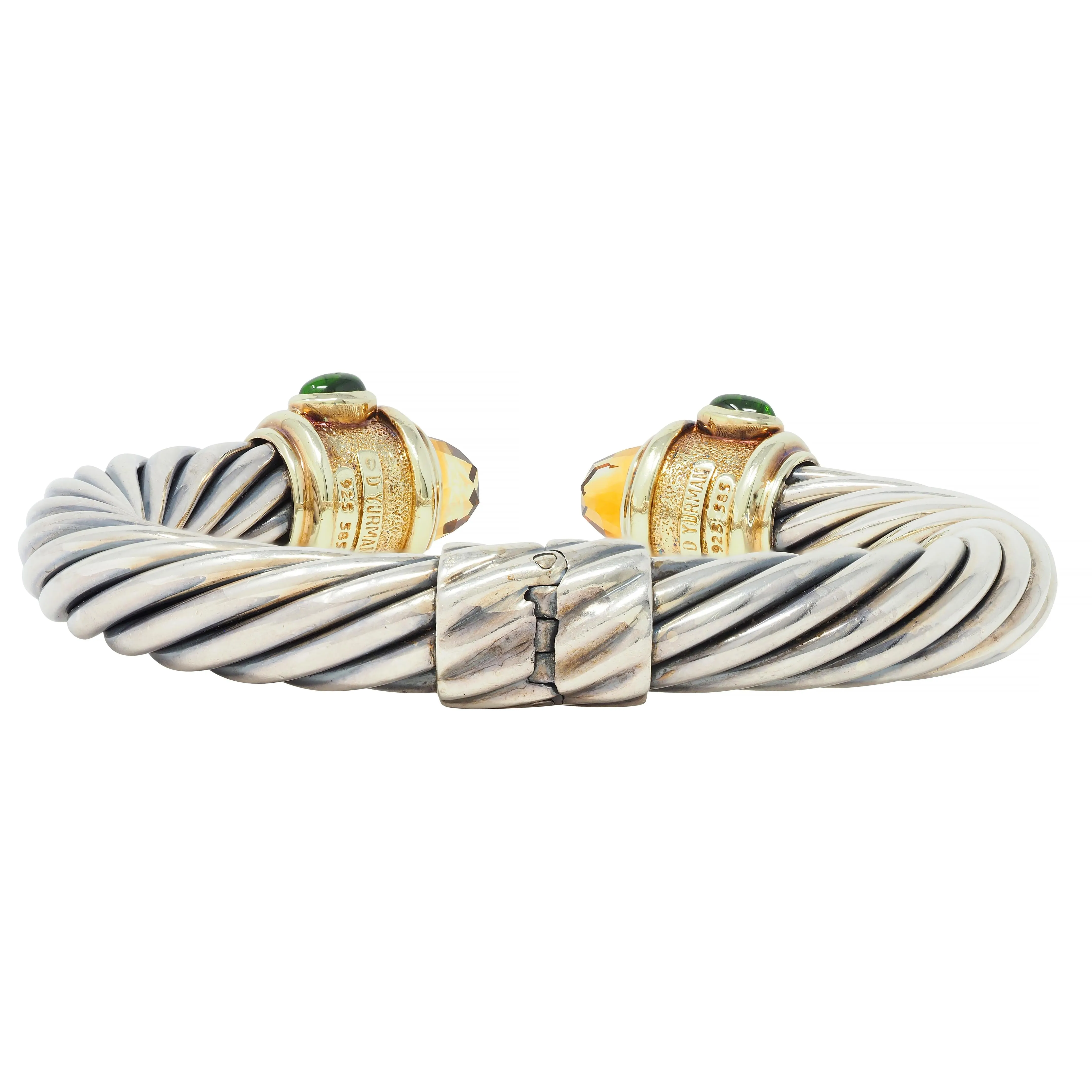 1990's David Yurman Tourmaline Citrine 14 Karat Yellow Gold Sterling Silver Vintage Renaissance Cuff Bracelet