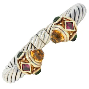 1990's David Yurman Tourmaline Citrine 14 Karat Yellow Gold Sterling Silver Vintage Renaissance Cuff Bracelet