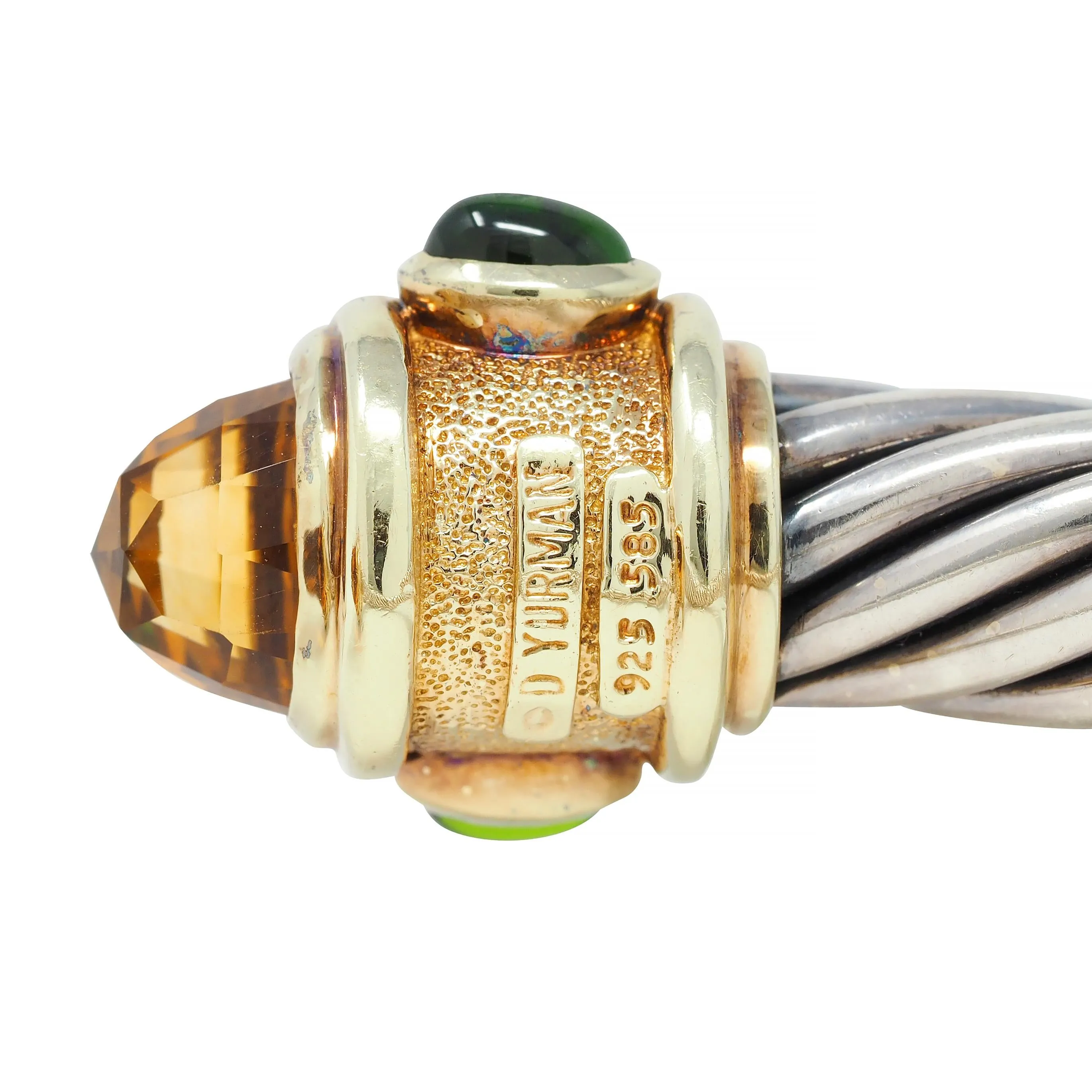 1990's David Yurman Tourmaline Citrine 14 Karat Yellow Gold Sterling Silver Vintage Renaissance Cuff Bracelet