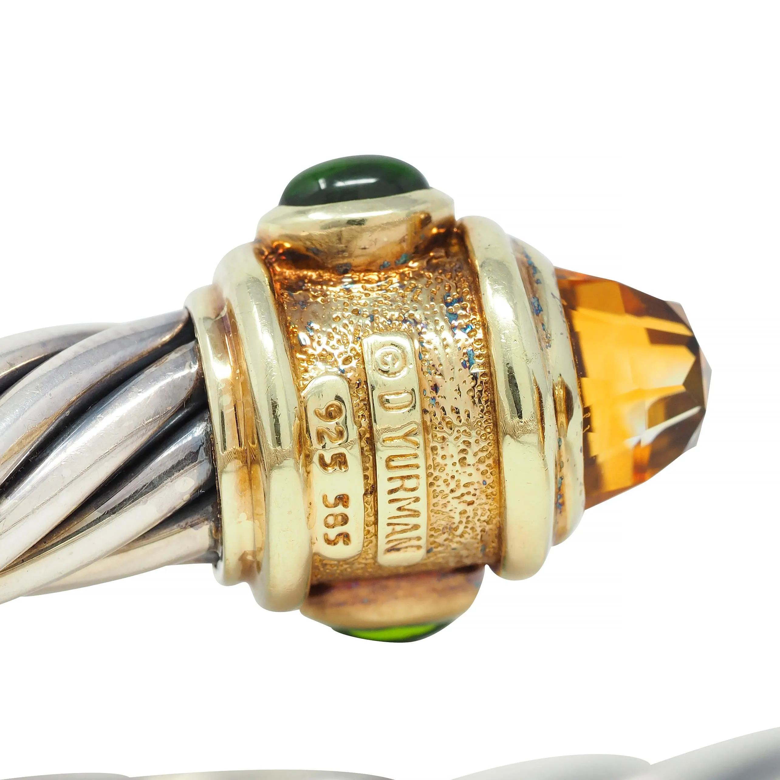 1990's David Yurman Tourmaline Citrine 14 Karat Yellow Gold Sterling Silver Vintage Renaissance Cuff Bracelet