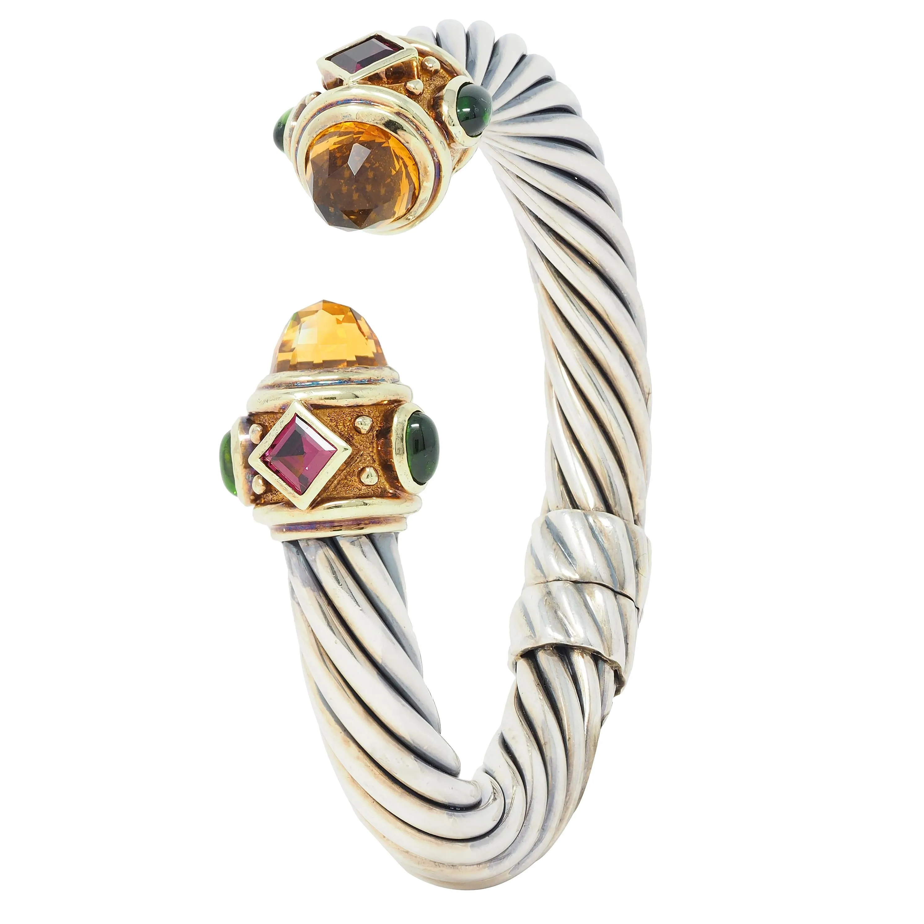 1990's David Yurman Tourmaline Citrine 14 Karat Yellow Gold Sterling Silver Vintage Renaissance Cuff Bracelet