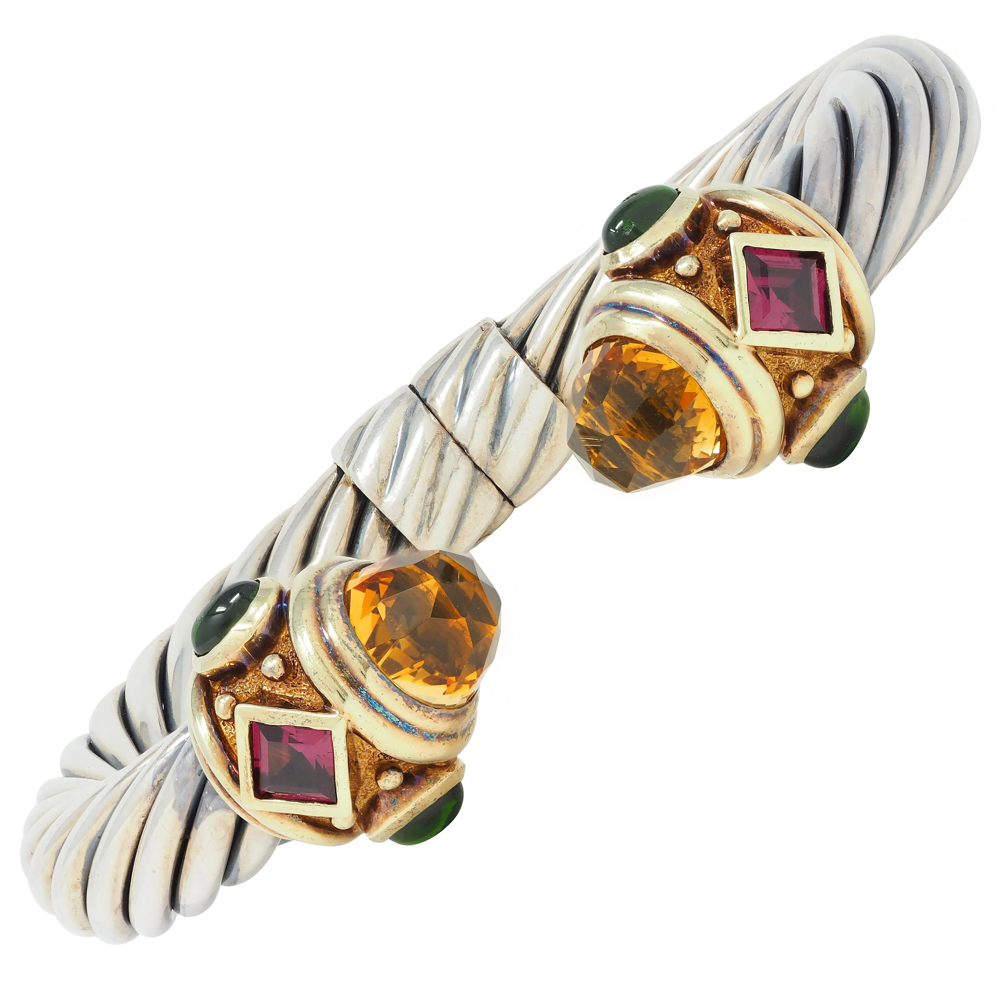 1990's David Yurman Tourmaline Citrine 14 Karat Yellow Gold Sterling Silver Vintage Renaissance Cuff Bracelet