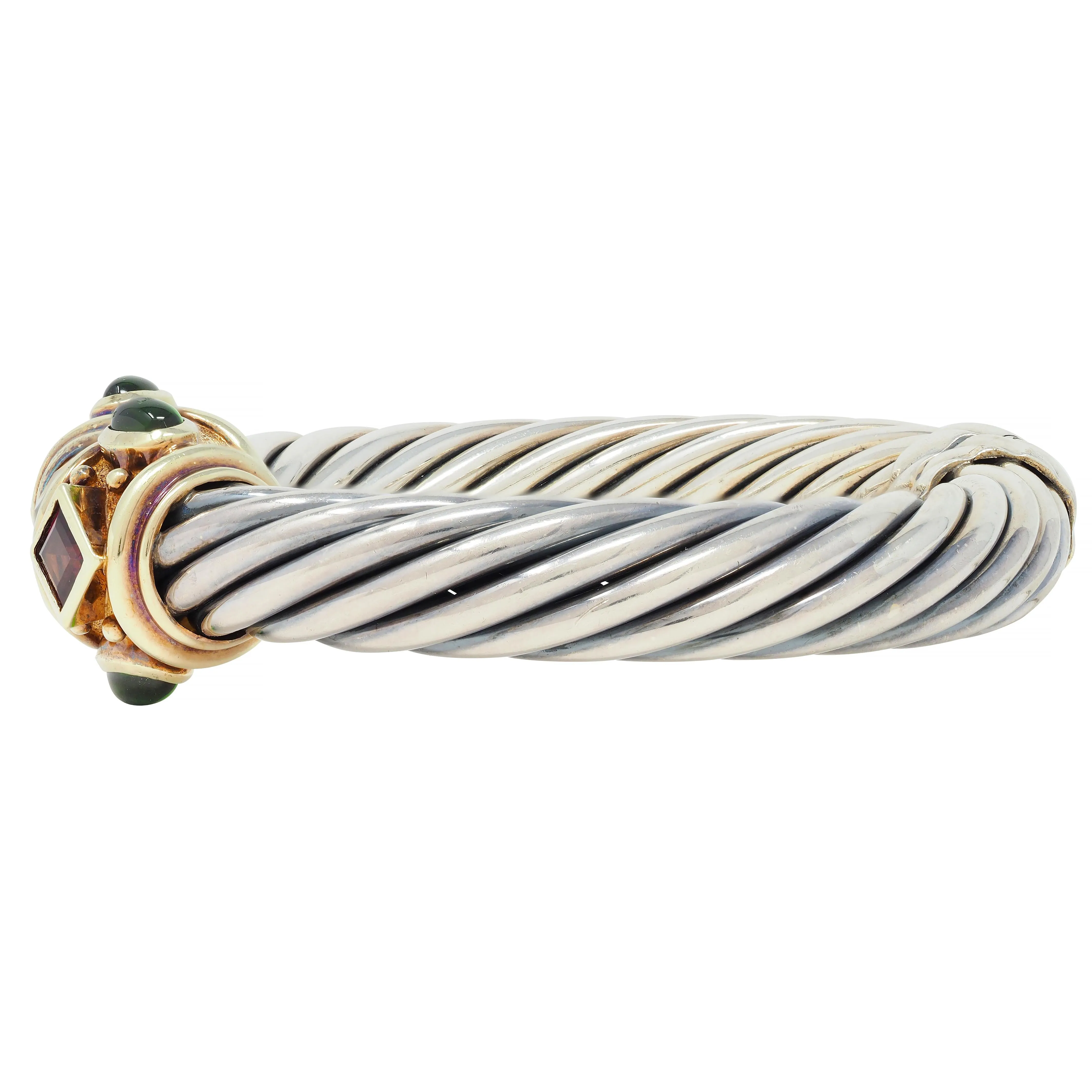 1990's David Yurman Tourmaline Citrine 14 Karat Yellow Gold Sterling Silver Vintage Renaissance Cuff Bracelet