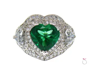 5 Carat Fine Colombian Heart Shape Emerald & Diamond Pave' Platinum Ring, GIA
