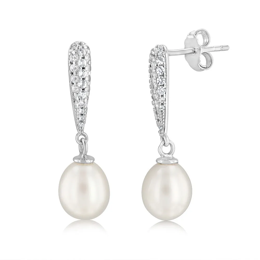 6-7MM Fresh Water White Pearl Drop Earrings Sterling Silver