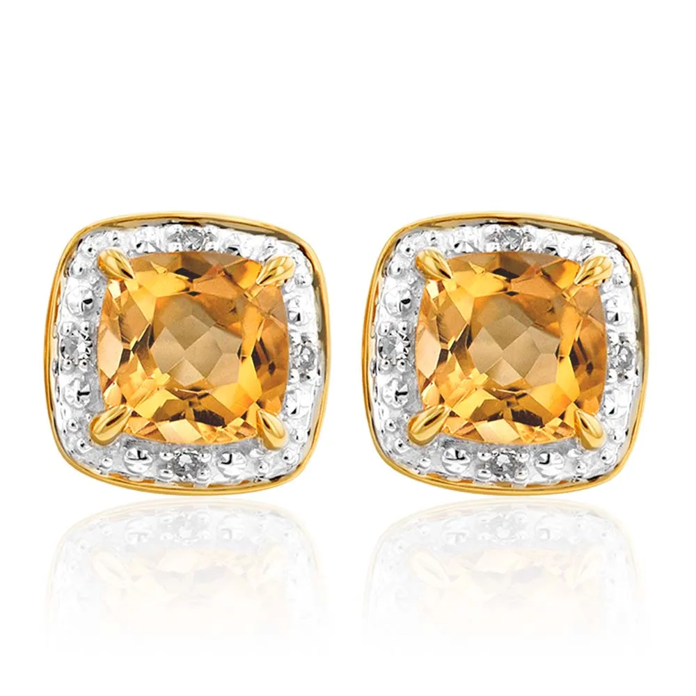 9ct Yellow Gold 1/2ct Citrine and Diamond Cushion Cut Stud Earrings