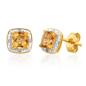 9ct Yellow Gold 1/2ct Citrine and Diamond Cushion Cut Stud Earrings