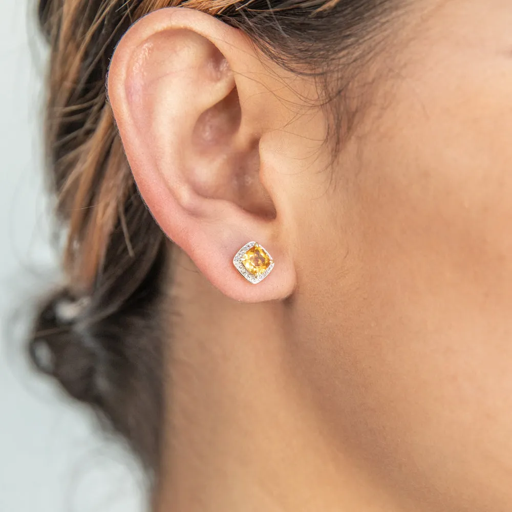 9ct Yellow Gold 1/2ct Citrine and Diamond Cushion Cut Stud Earrings