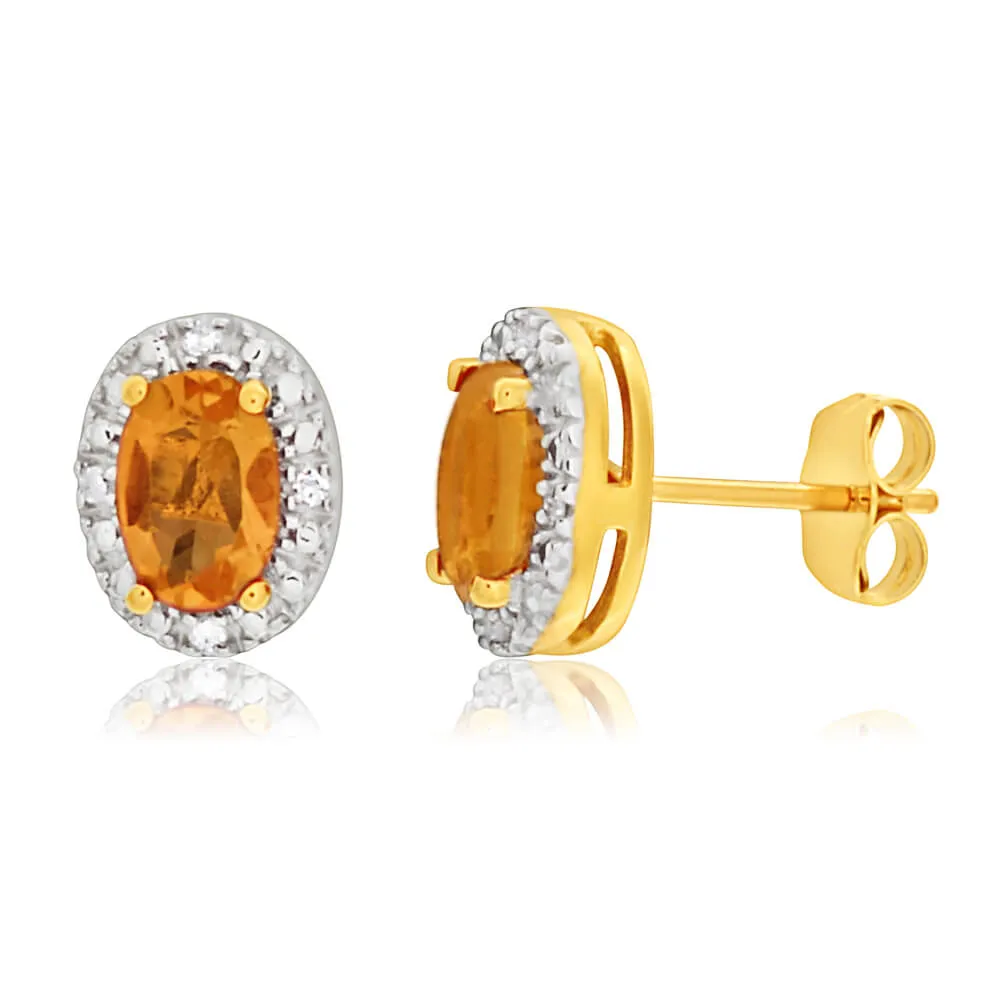 9ct Yellow Gold & White Gold Citrine   Diamond Stud Earrings
