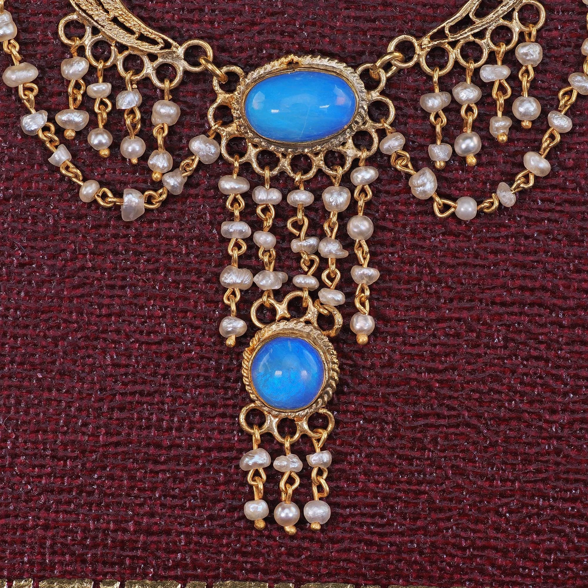 Antique Arts & Crafts 14K Yellow Gold Opal and Seed Pearl Drop Necklace