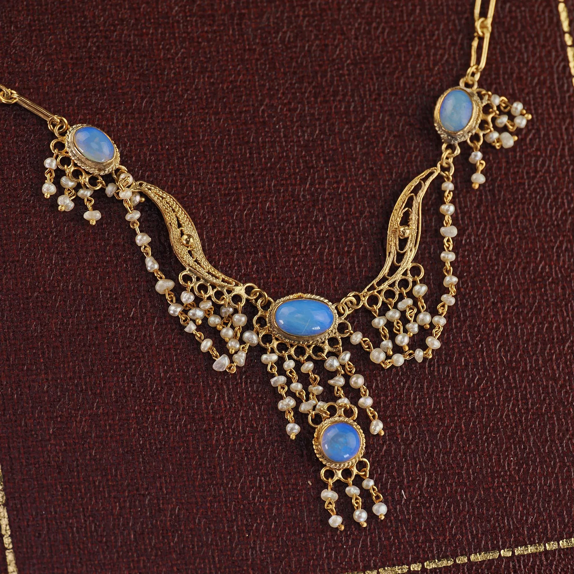 Antique Arts & Crafts 14K Yellow Gold Opal and Seed Pearl Drop Necklace