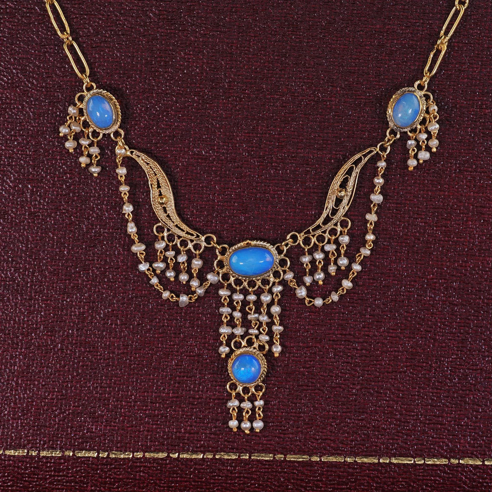 Antique Arts & Crafts 14K Yellow Gold Opal and Seed Pearl Drop Necklace