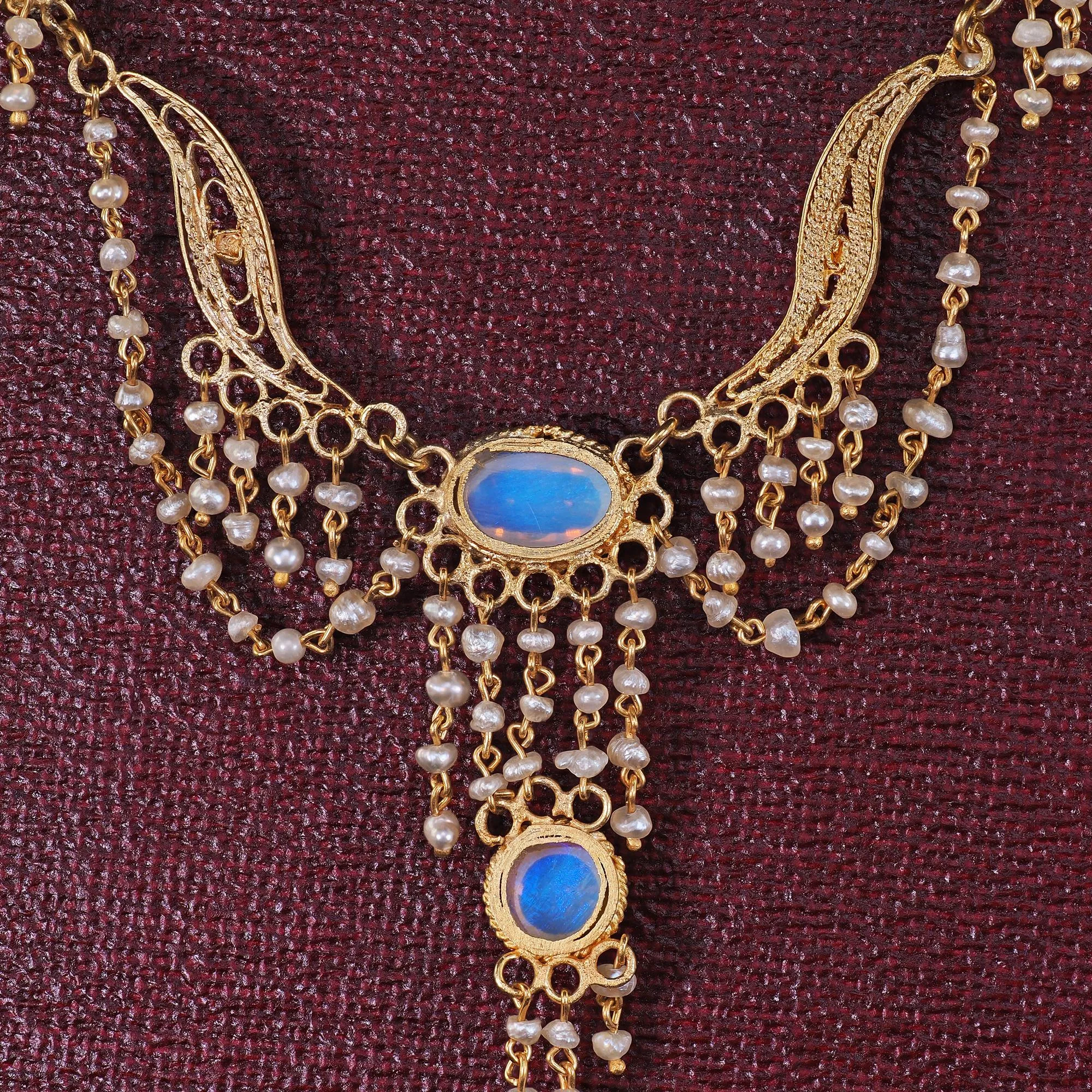 Antique Arts & Crafts 14K Yellow Gold Opal and Seed Pearl Drop Necklace
