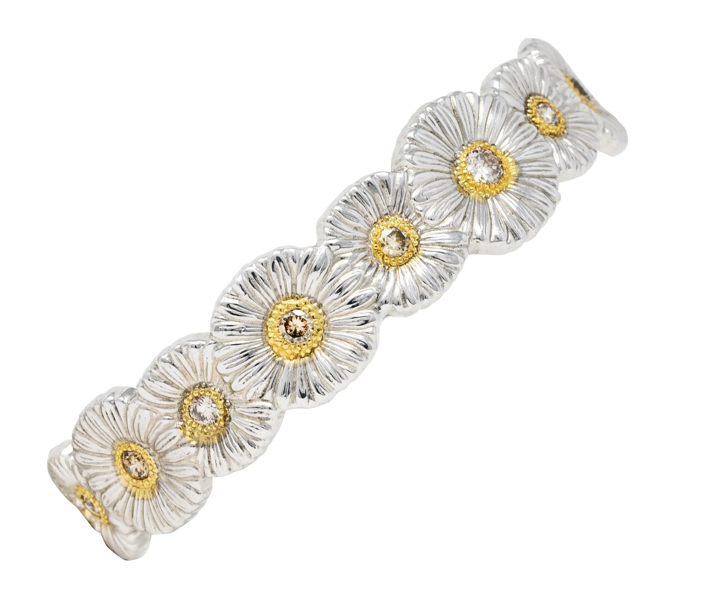 Buccellati 1.50 CTW Fancy Brown Diamond Sterling Silver Vermeil Gardenia Blossoms Cuff Bracelet