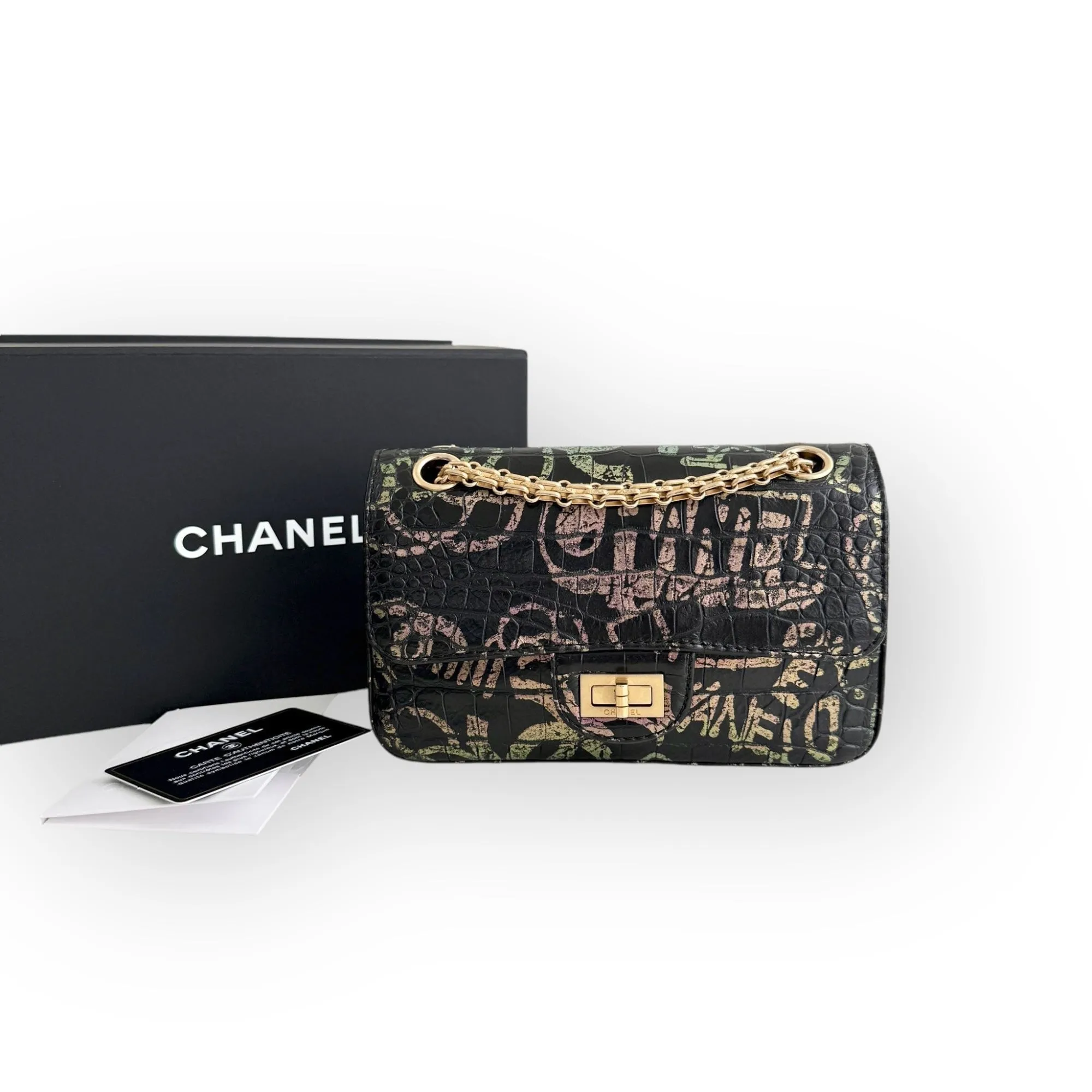 Chanel Classic 2.55 Reissue Mini Rectangle Single Flap, Metiers Dart Croc-Embossed Graffiti Calfskin, Gold-tone Hardware