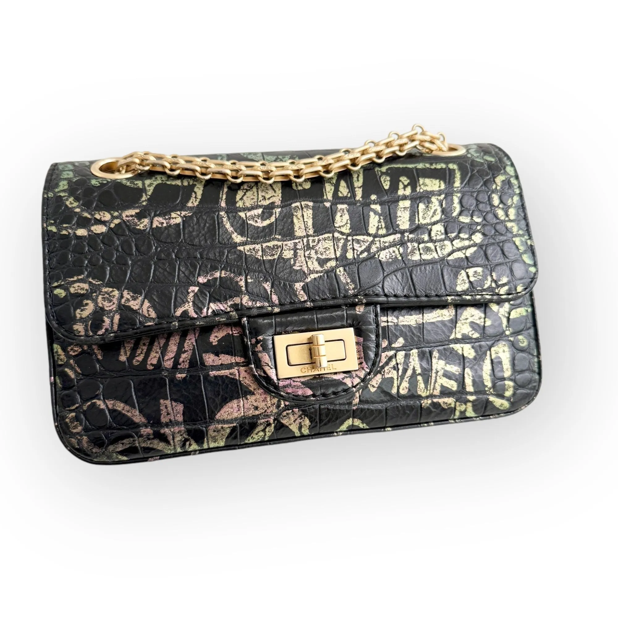 Chanel Classic 2.55 Reissue Mini Rectangle Single Flap, Metiers Dart Croc-Embossed Graffiti Calfskin, Gold-tone Hardware