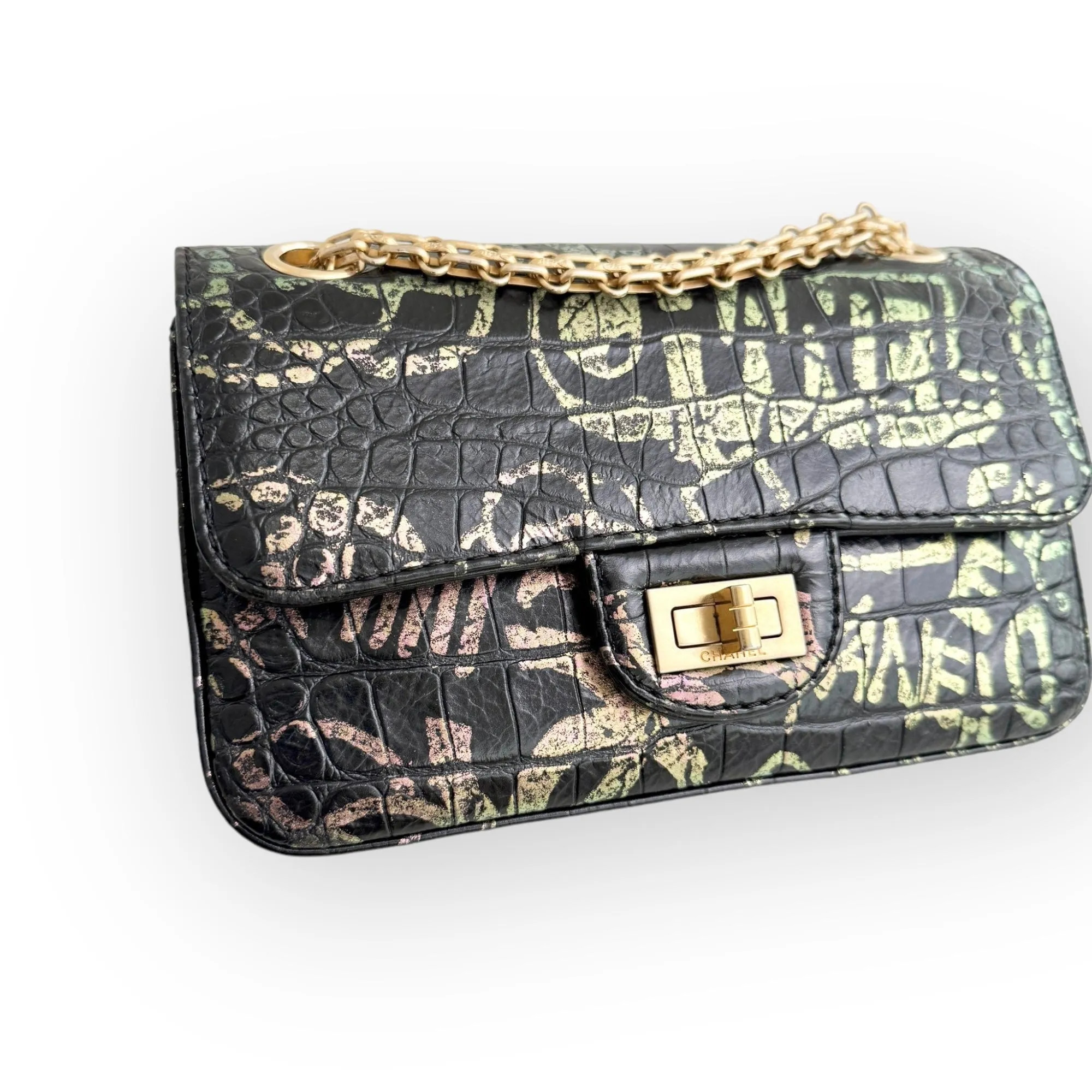Chanel Classic 2.55 Reissue Mini Rectangle Single Flap, Metiers Dart Croc-Embossed Graffiti Calfskin, Gold-tone Hardware