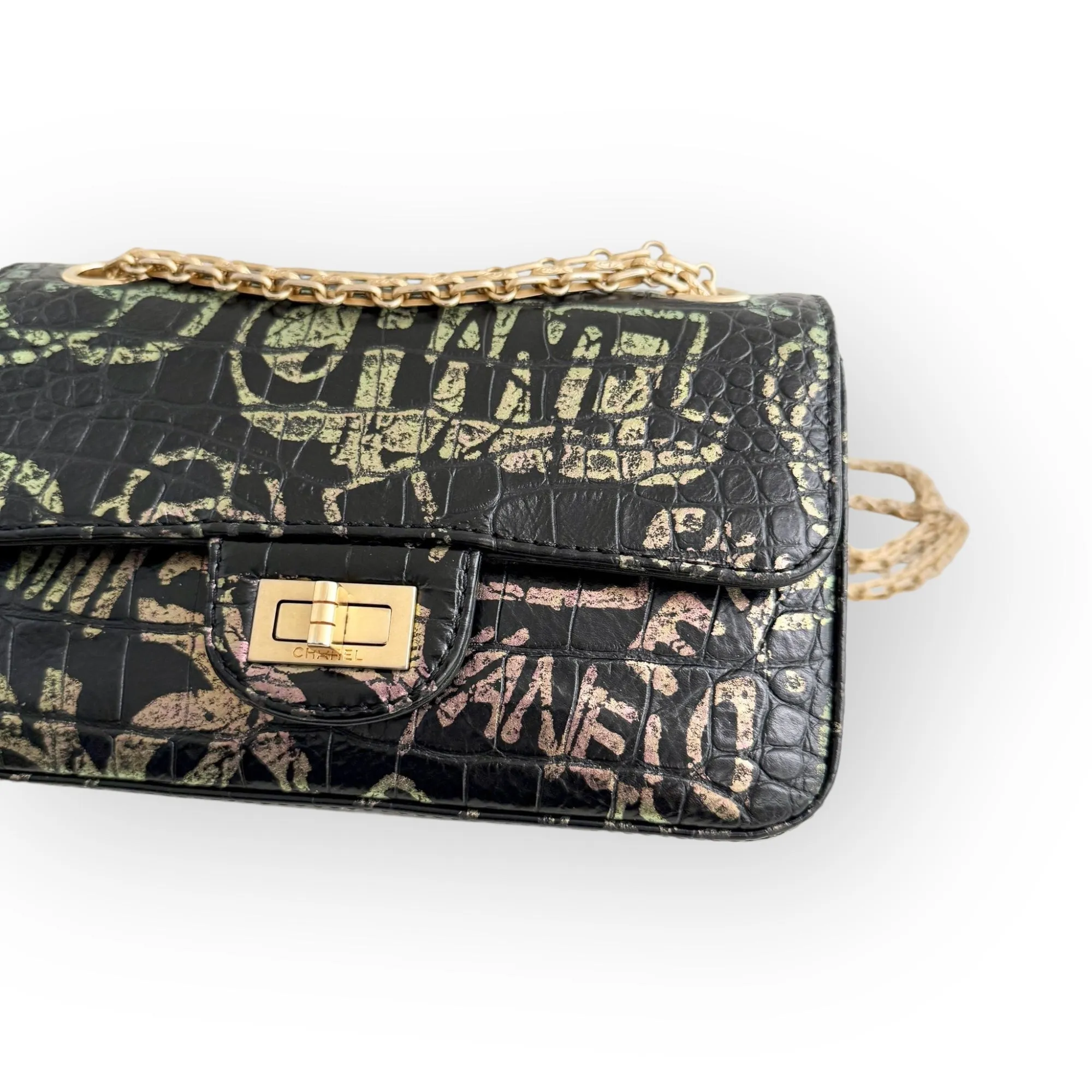 Chanel Classic 2.55 Reissue Mini Rectangle Single Flap, Metiers Dart Croc-Embossed Graffiti Calfskin, Gold-tone Hardware