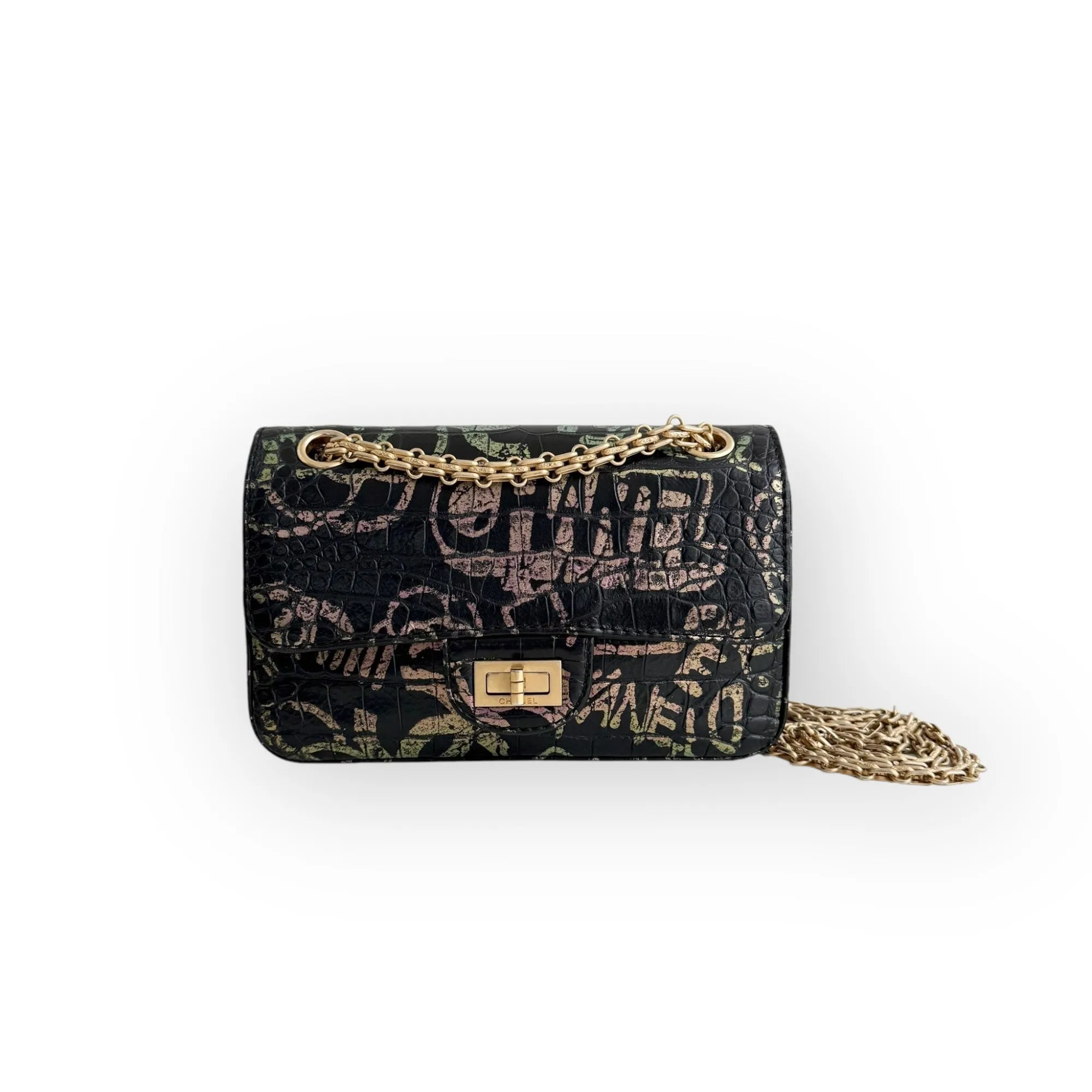 Chanel Classic 2.55 Reissue Mini Rectangle Single Flap, Metiers Dart Croc-Embossed Graffiti Calfskin, Gold-tone Hardware