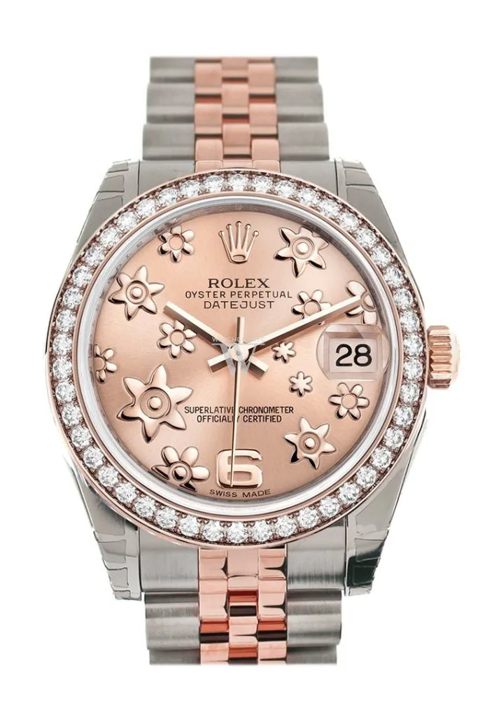 Custom Diamond Bezel Rolex Datejust 31 Pink Raised Floral Motif Dial 18K Rose Gold Two Tone Jubilee Ladies Whatch 178241 Pre-owned